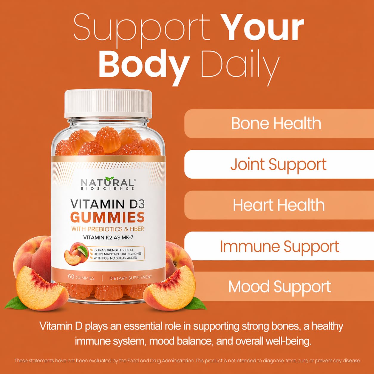 Natural BioScience Vitamin D3 + K2 Gummies with fresh peaches