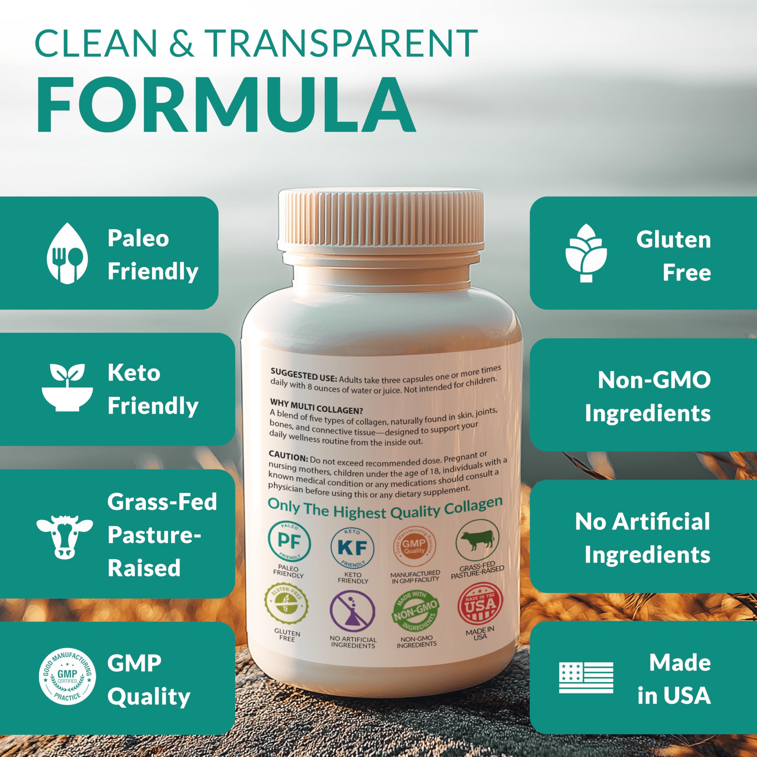 natural elements Collagen Peptides Supplement bottle on a wooden table