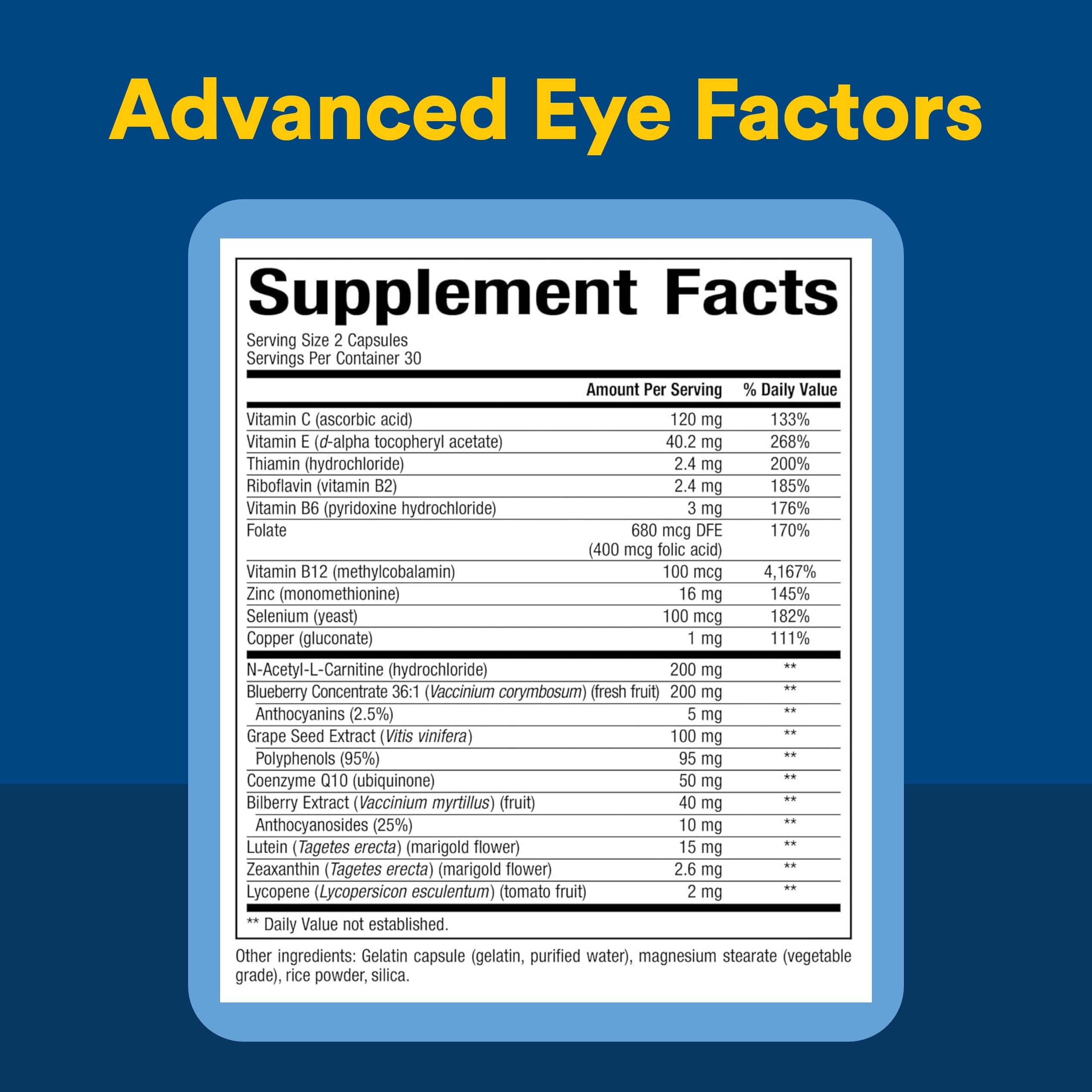 Natural Factors Advanced Eye Factors capsules on a wooden surface