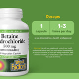 Natural Factors Betaine HCL 500mg supplement label close-up