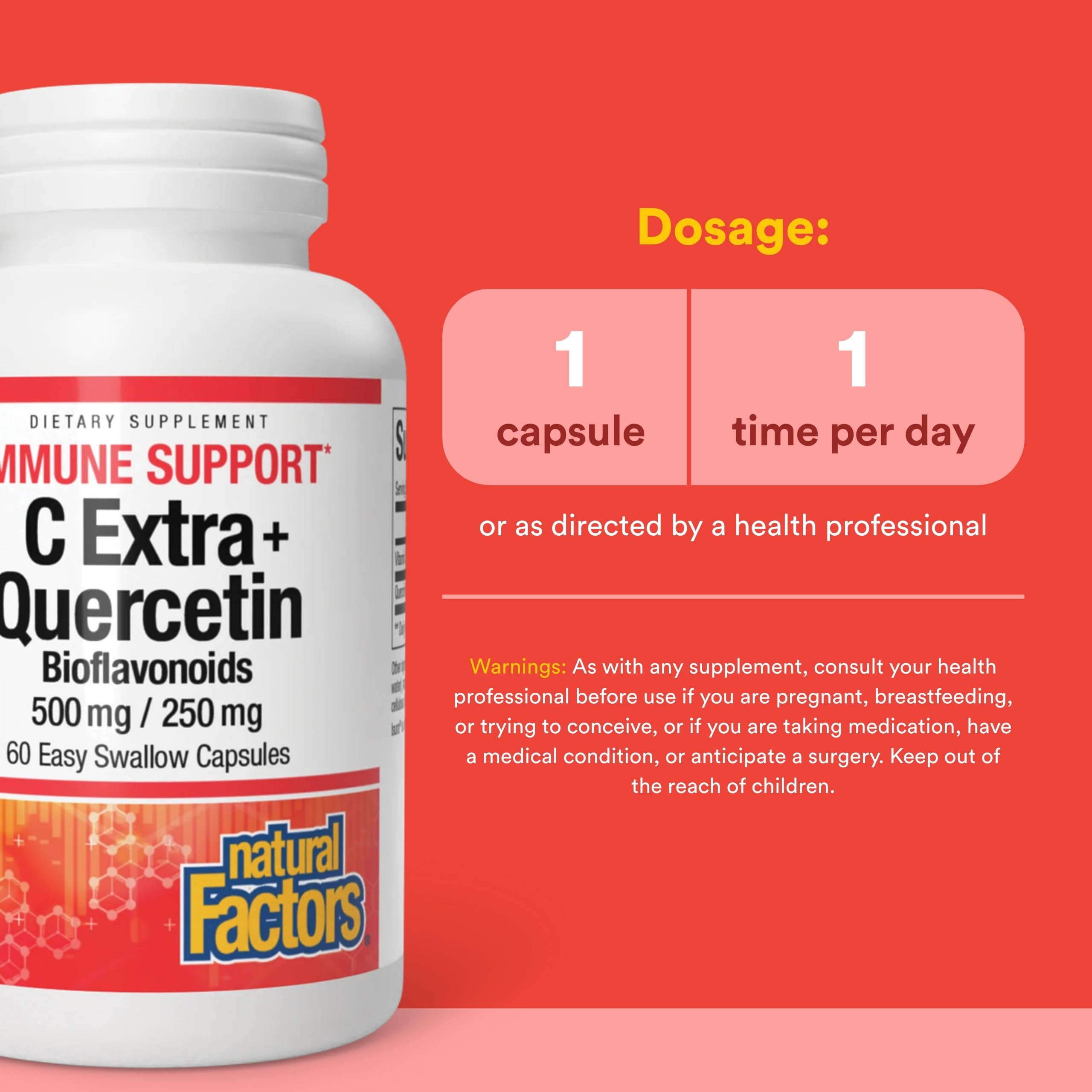 Natural Factors C Extra + Quercetin capsules on a wooden surface
