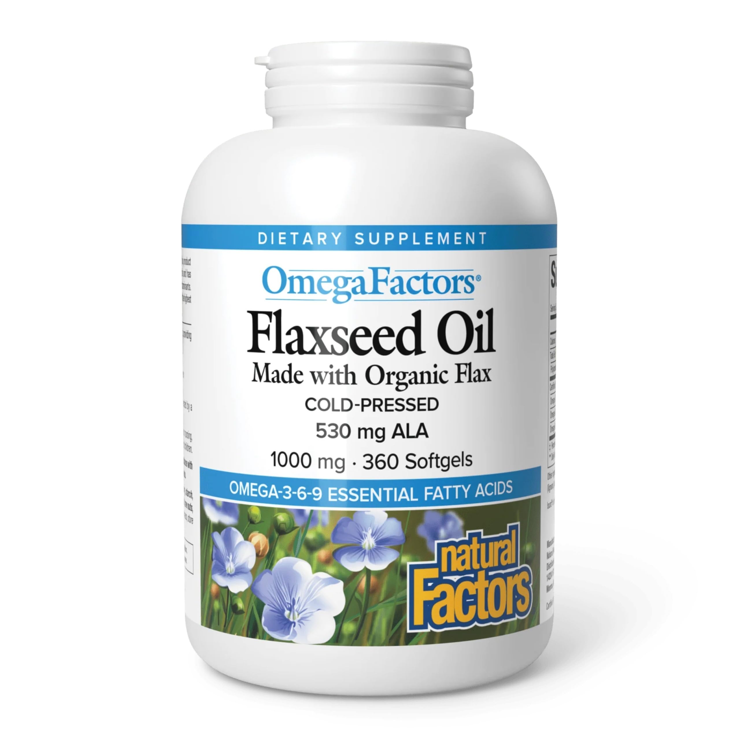 Natural Factors Flaxseed Oil 590g front view with packaging