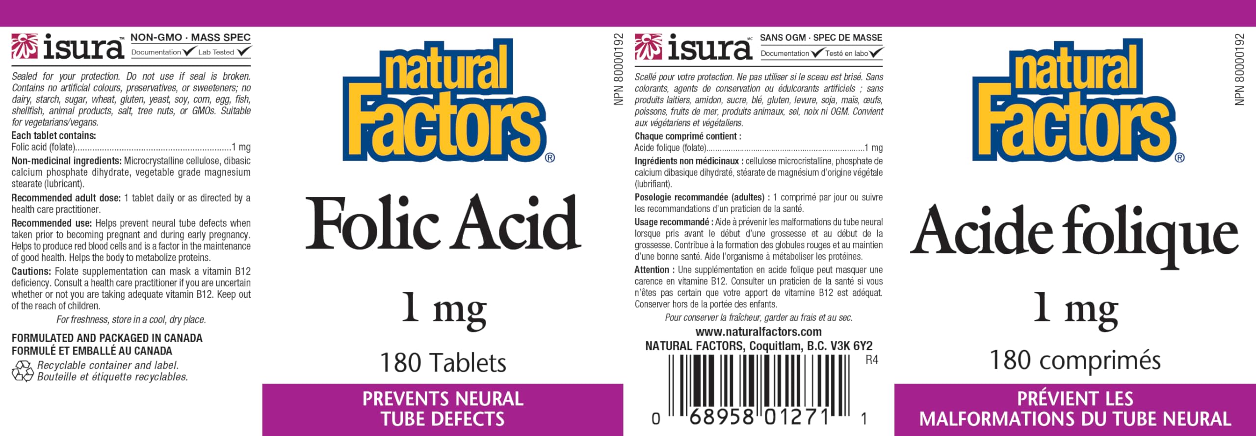 Natural Factors Folic Acid 1mg Tablets close-up of tablet