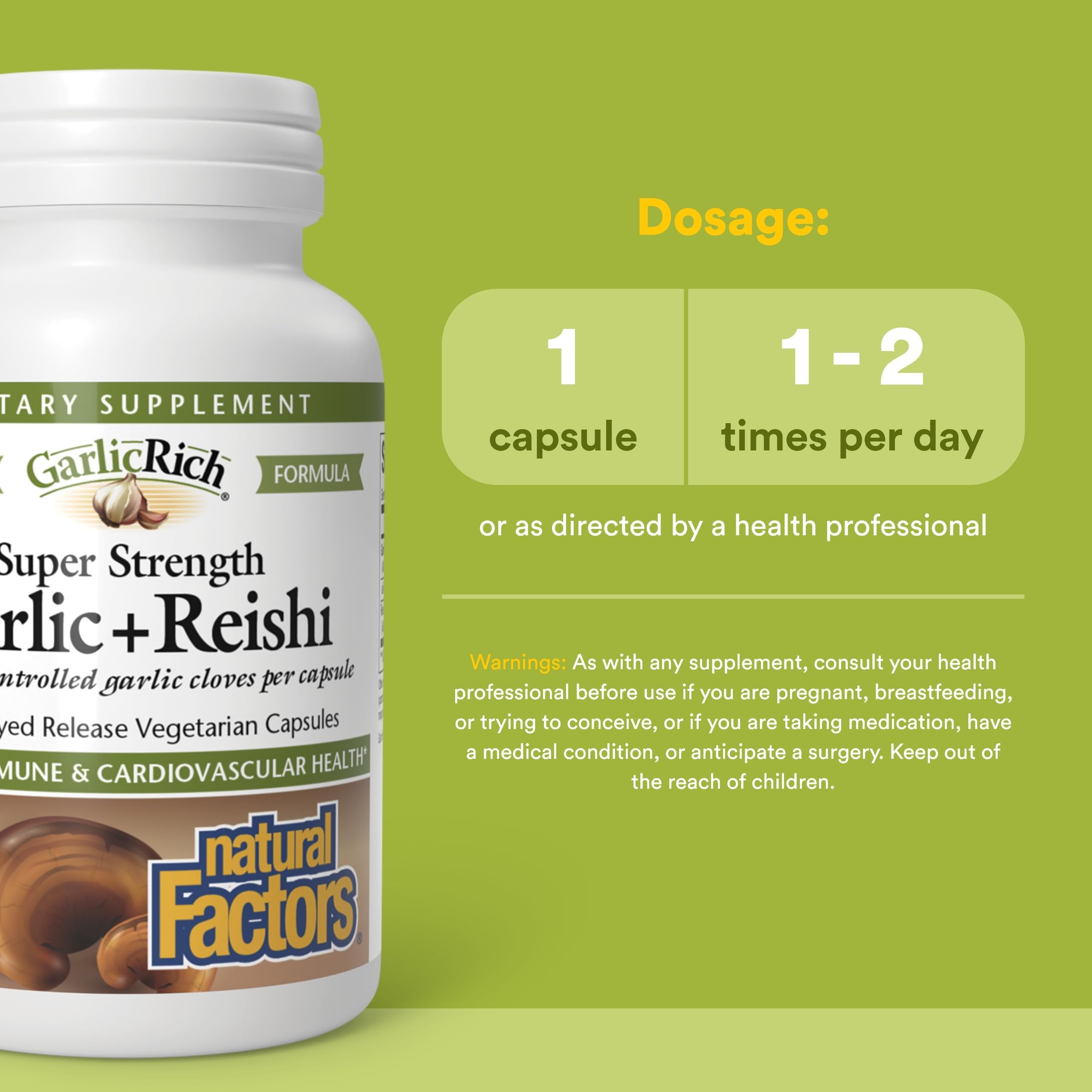 Natural Factors Garlic+Reishi capsules on a wooden table