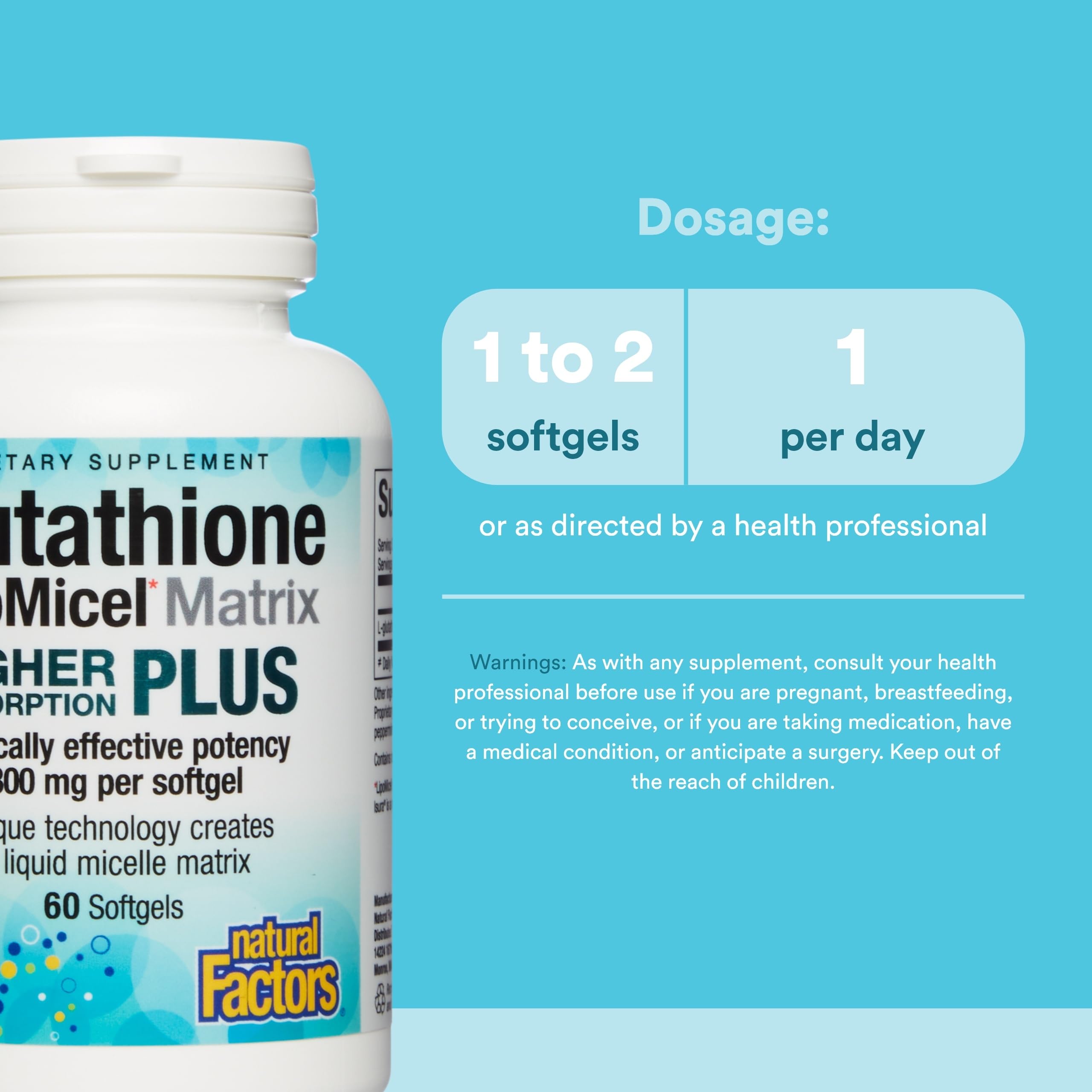 Natural Factors Glutathione LipoMicel Matrix softgels on a white background