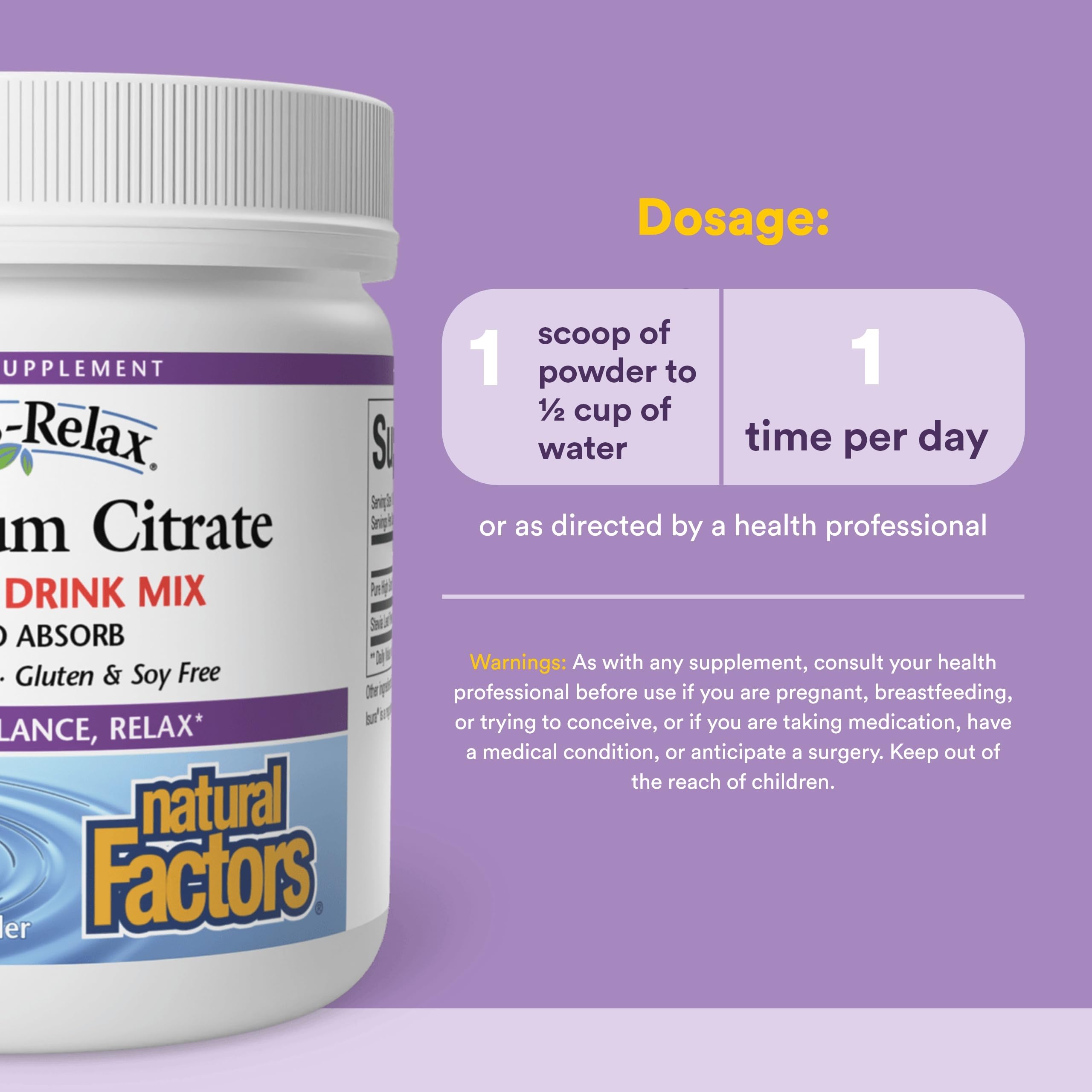 Natural Factors Magnesium Citrate Tropical Drink Mix scoop and drink
