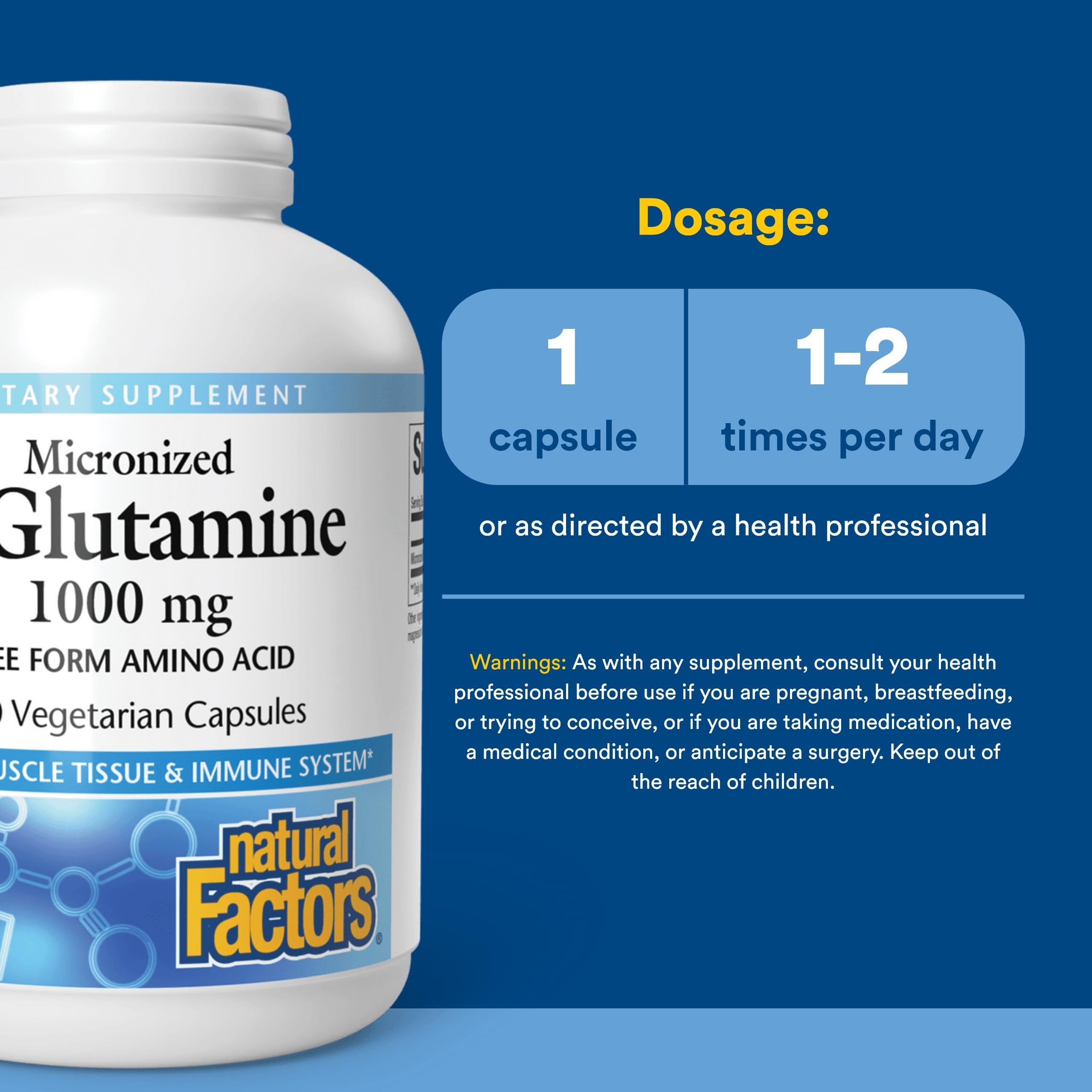 Natural Factors Micronized L-Glutamine capsules on a wooden table