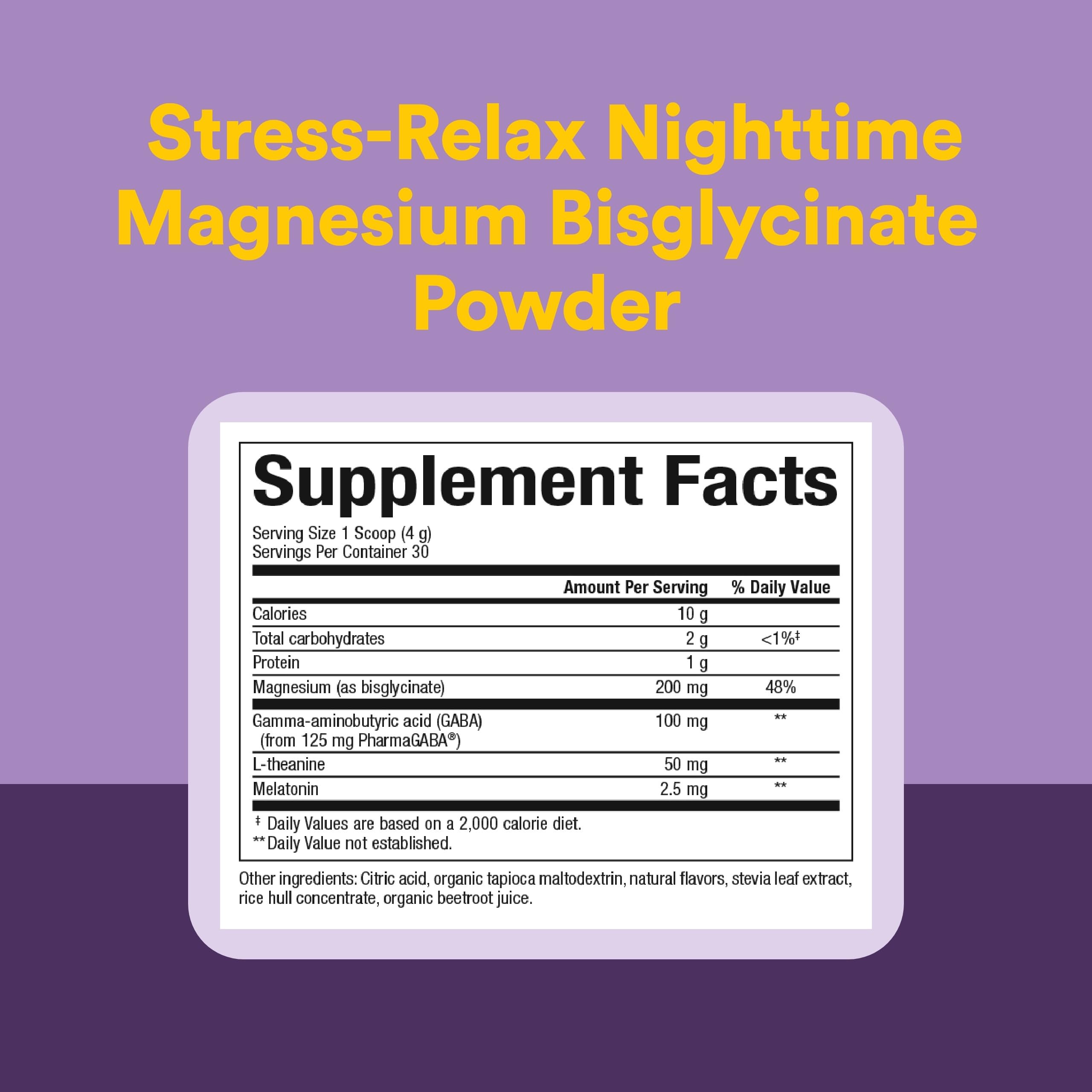 Natural Factors Nighttime Magnesium Powder back view with ingredient list