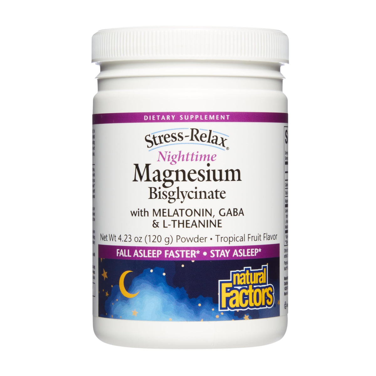Natural Factors Nighttime Magnesium Powder front view with tropical packaging