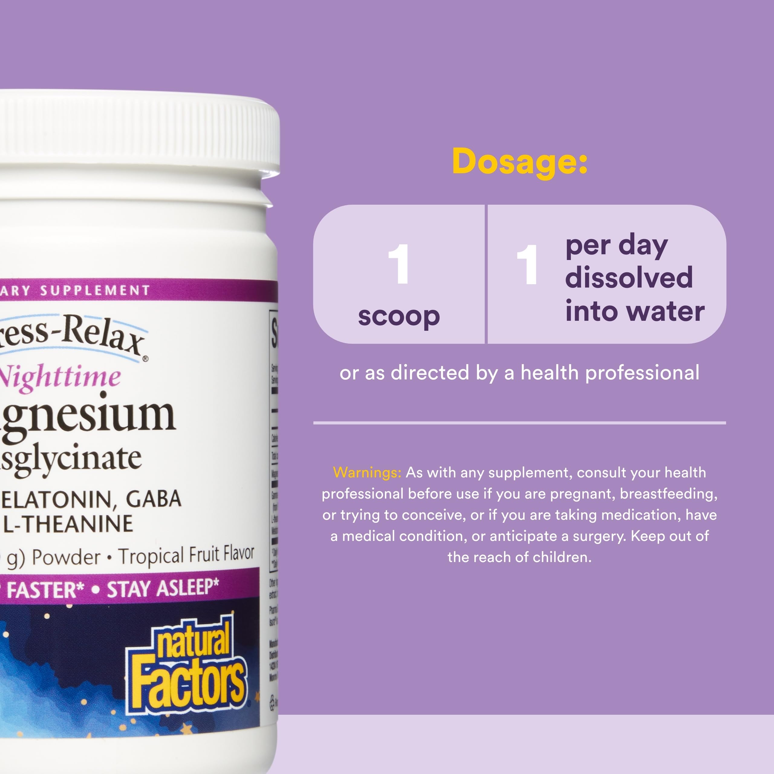 Natural Factors Nighttime Magnesium Powder side view showing nutritional information