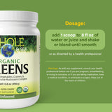 Natural Factors Organic Greens Supplement 490g scoop and powder