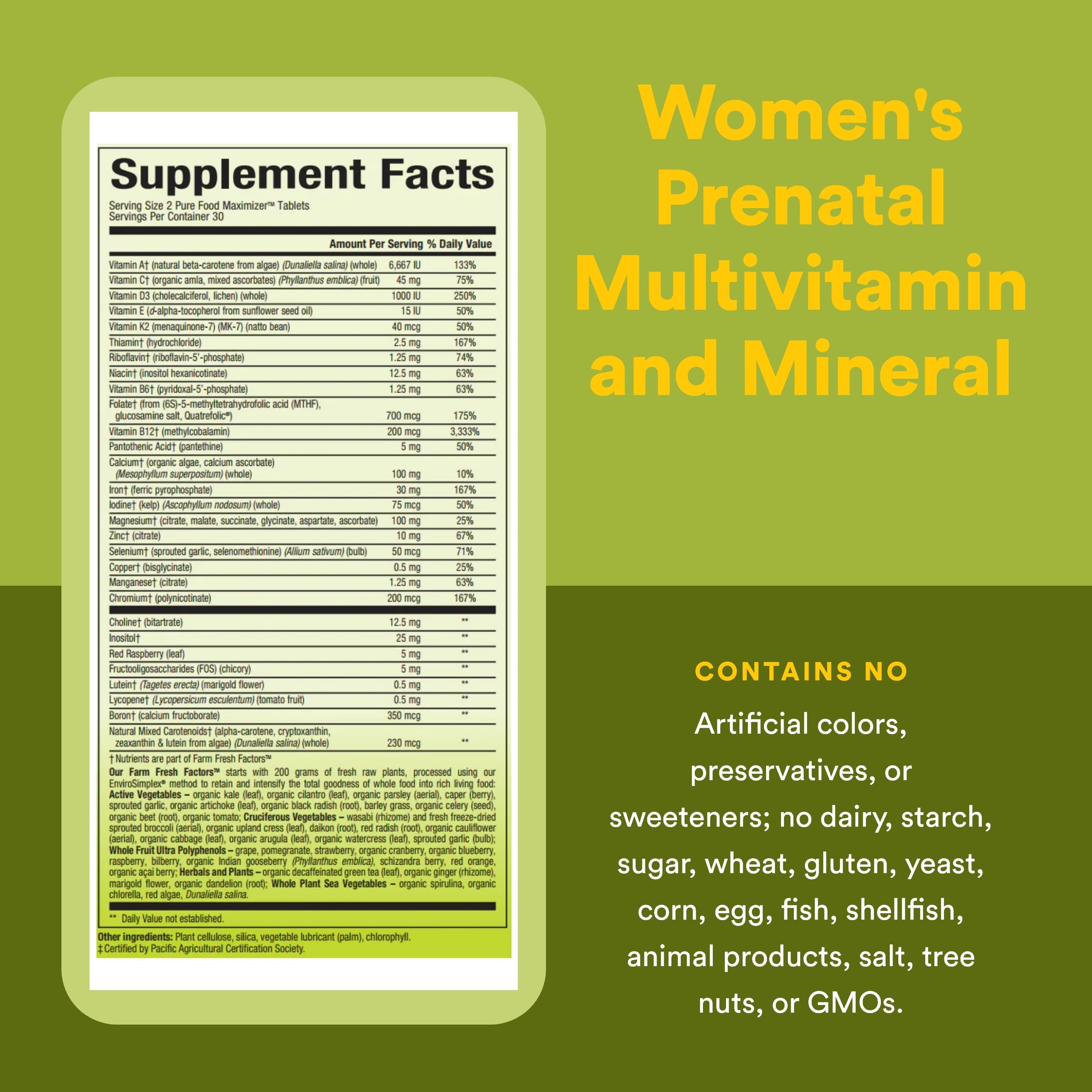 Natural Factors Prenatal Vitamins showing ingredients list