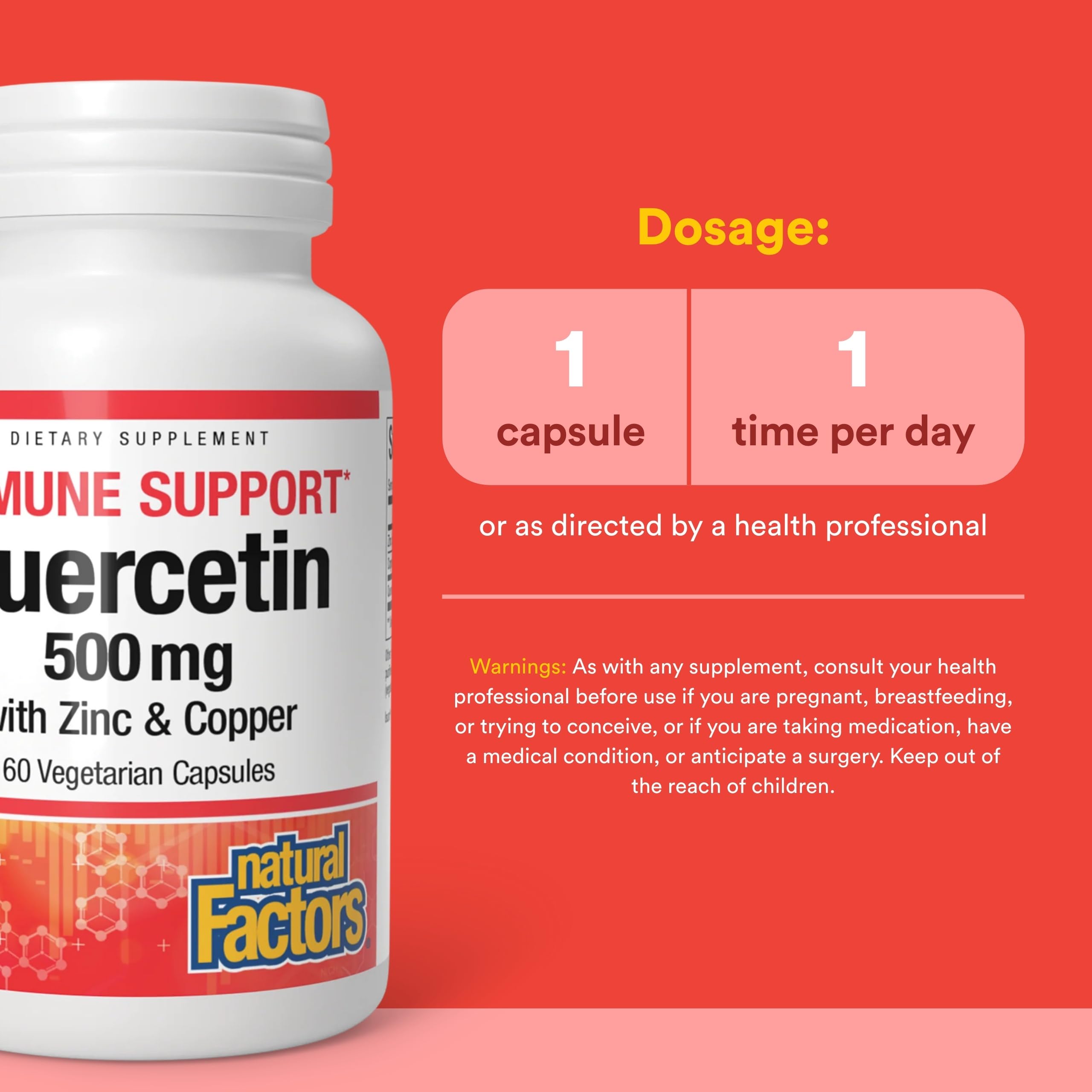 Natural Factors Quercetin Zinc Copper Supplement capsules on a wooden surface