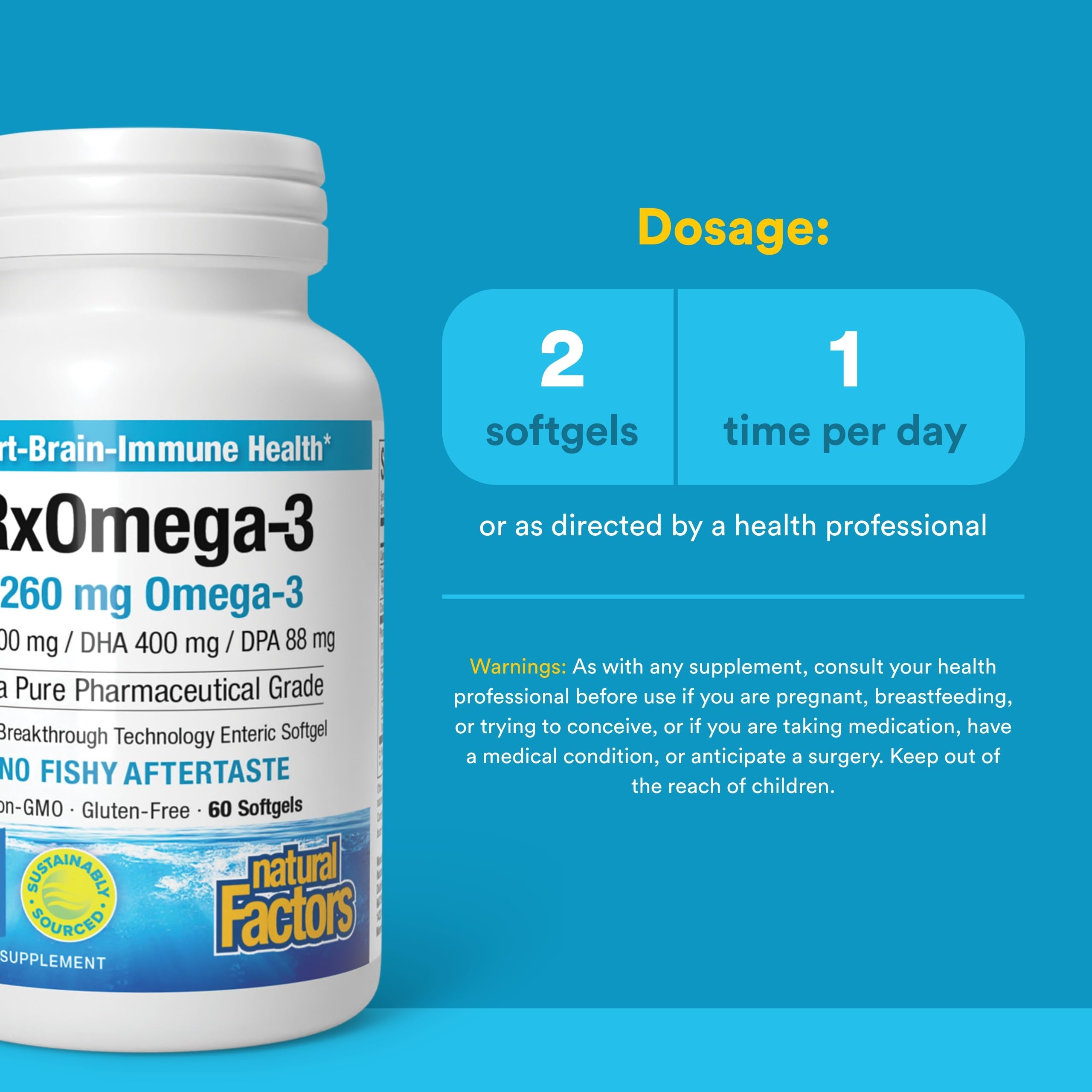 Natural Factors RxOmega-3 Fish Oil Softgels side view showing softgel size