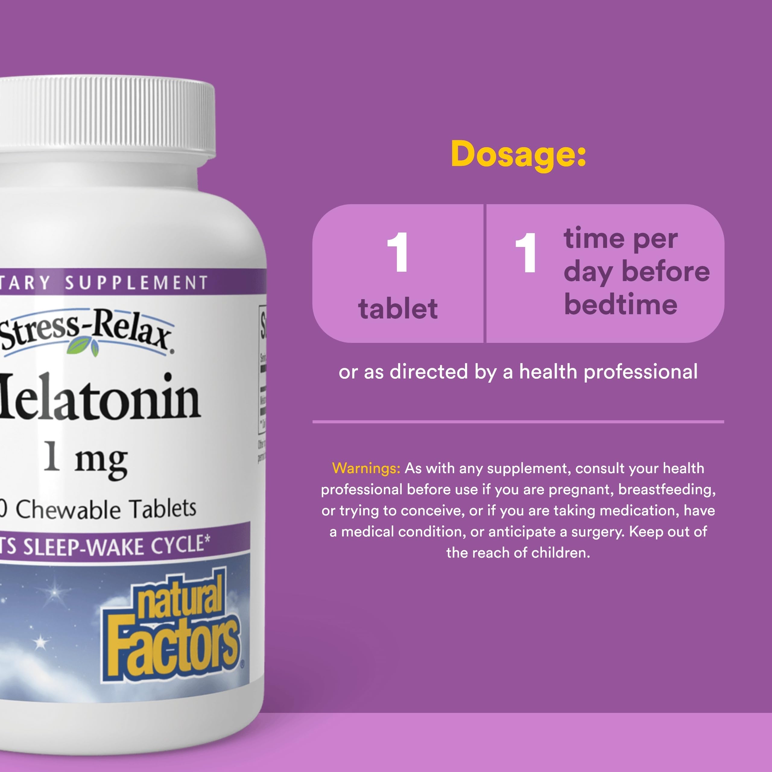 Natural Factors Stress-daily wellness Melatonin 1 mg chewable tablets back view