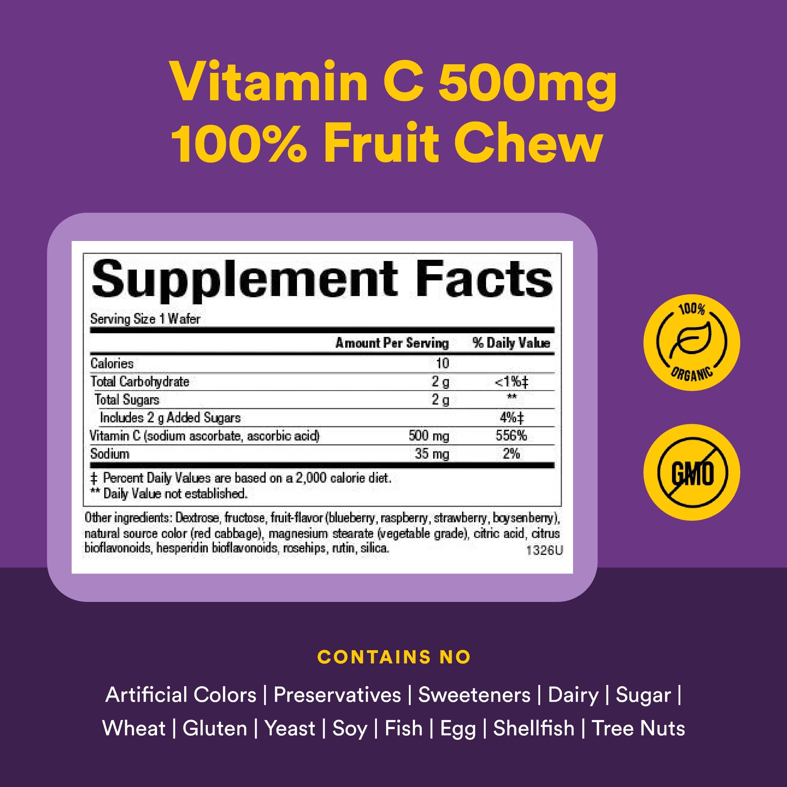 Natural Factors Vitamin C Chewable Wafers displayed with fresh fruits