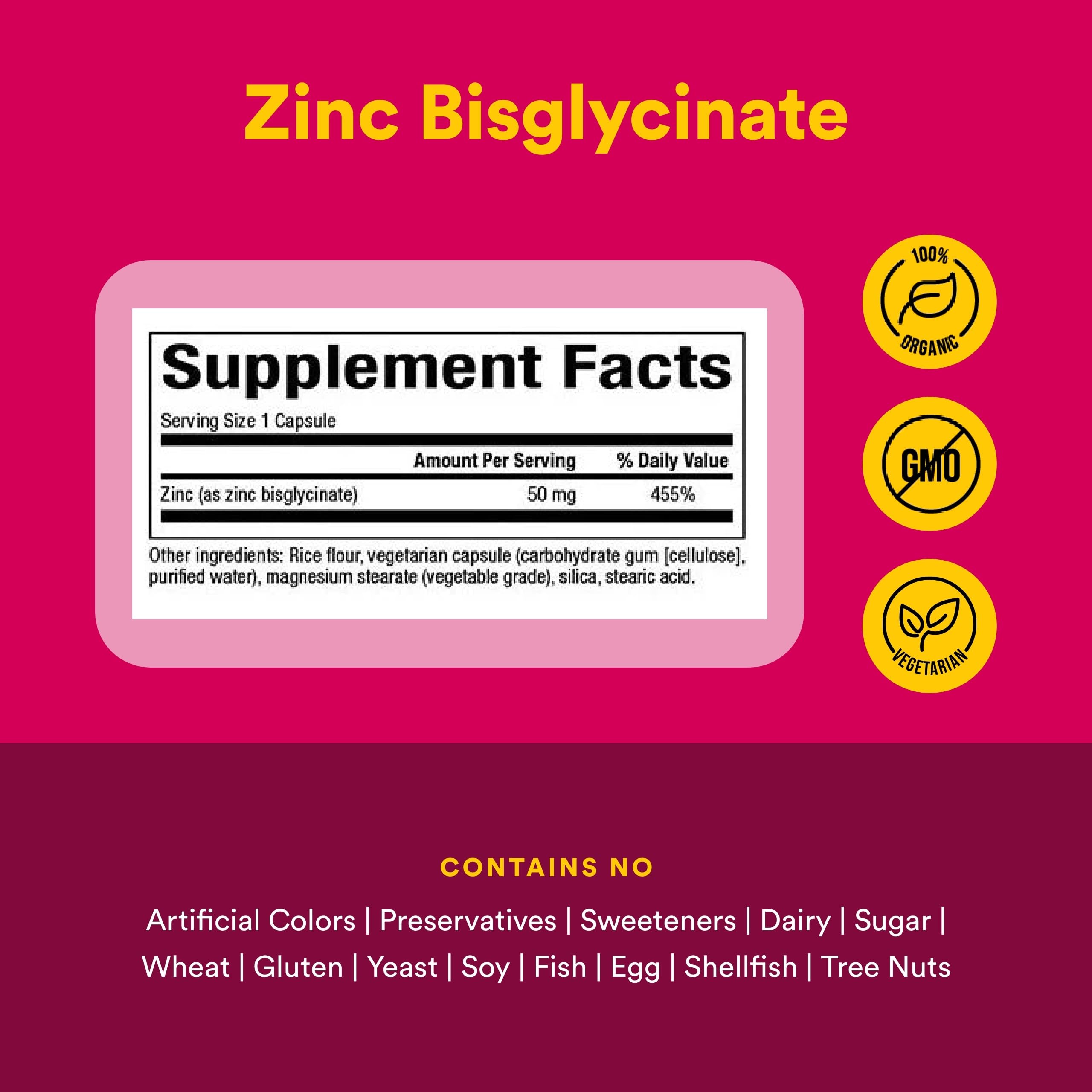 Natural Factors Zinc Bisglycinate 50 mg capsules on a wooden surface