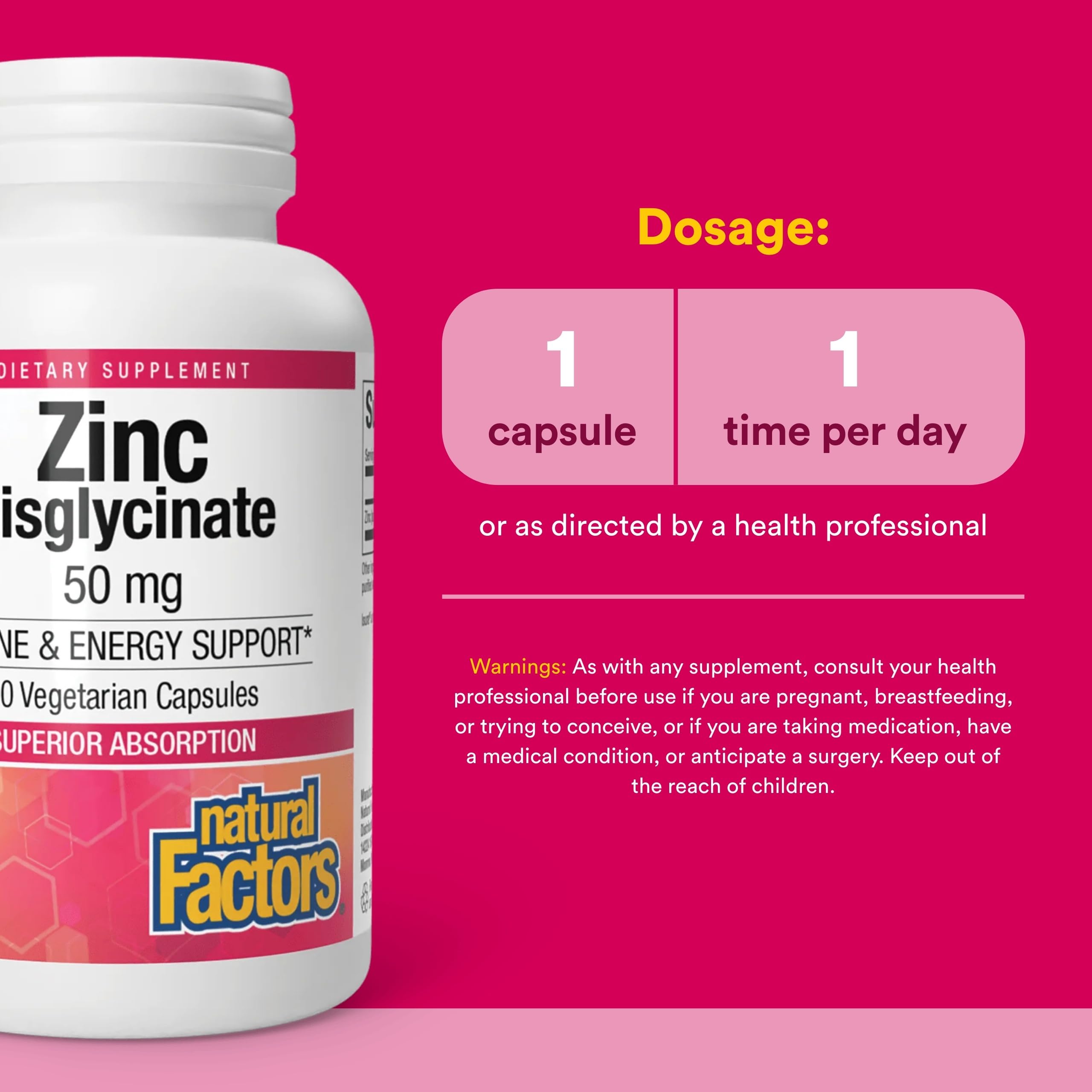 Natural Factors Zinc Bisglycinate 50 mg capsules with packaging