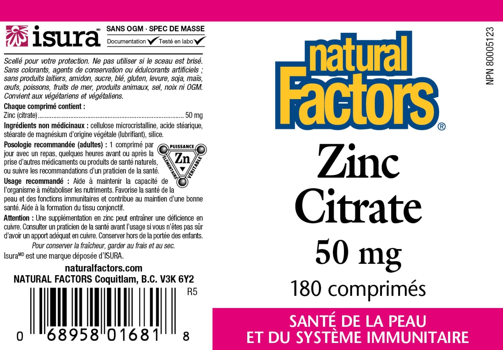 Natural Factors Zinc Citrate 180 Tablets close-up of tablets