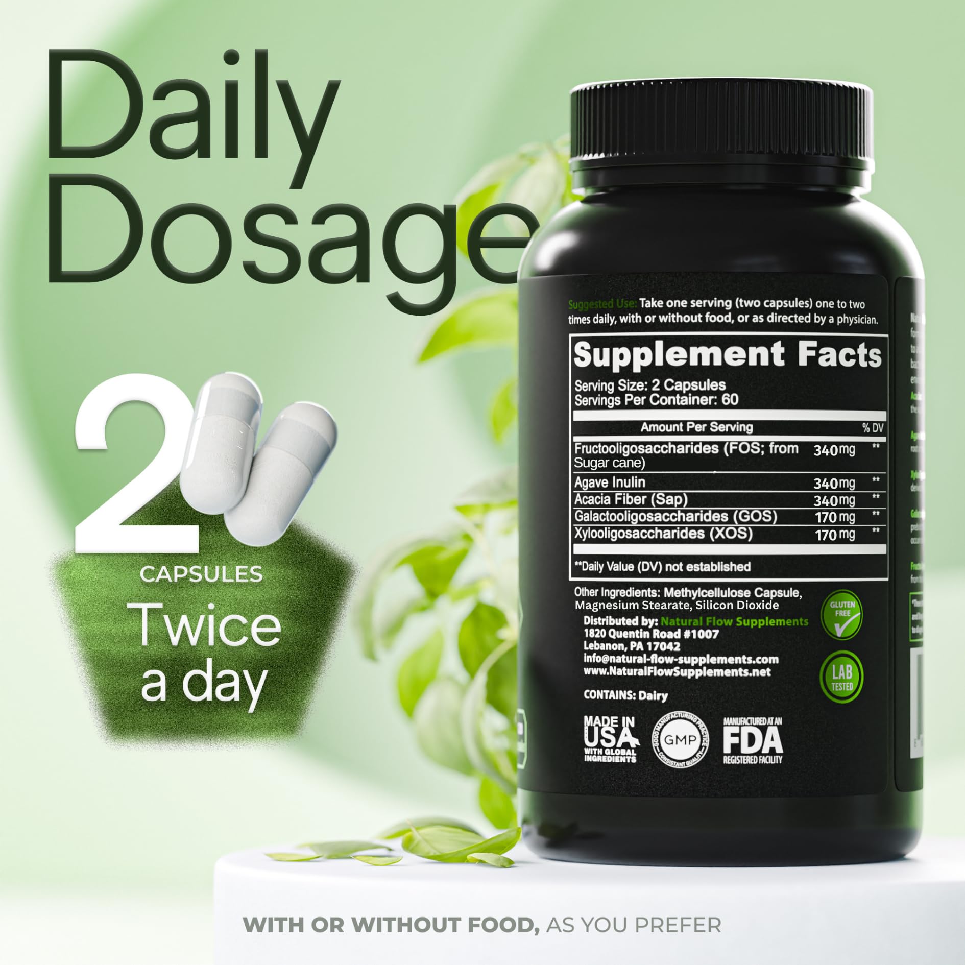 Natural Flow 5X Prebiotic Fiber Complex 145g capsules close-up