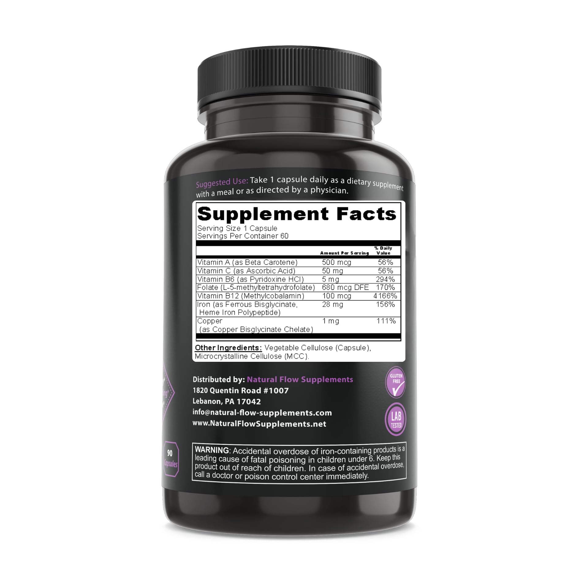 Natural Flow Supplements 2X Iron Complex 59g capsules opened with some capsules visible