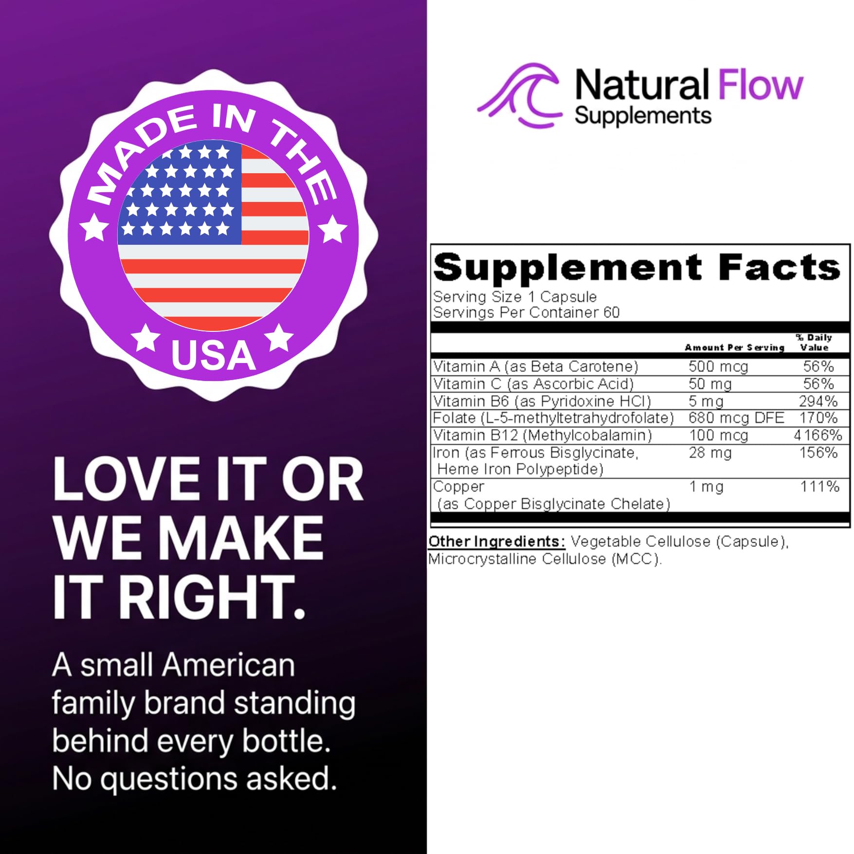 Natural Flow Supplements 2X Iron Complex 59g capsules side view
