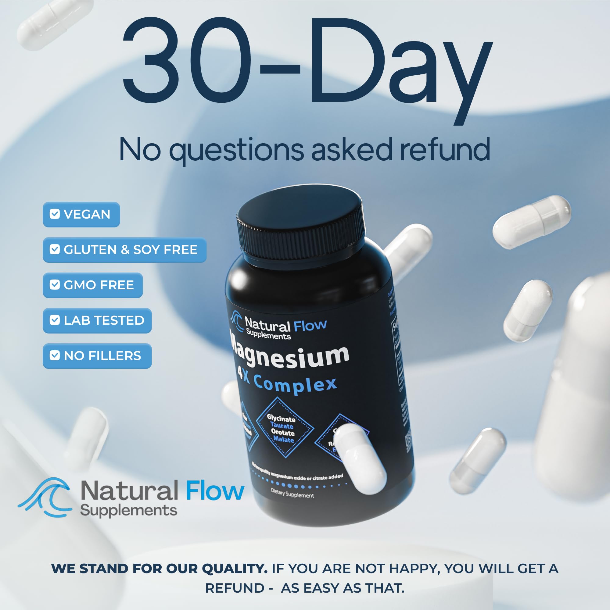 Natural Flow Supplements Magnesium 200mg capsules in a kitchen setting