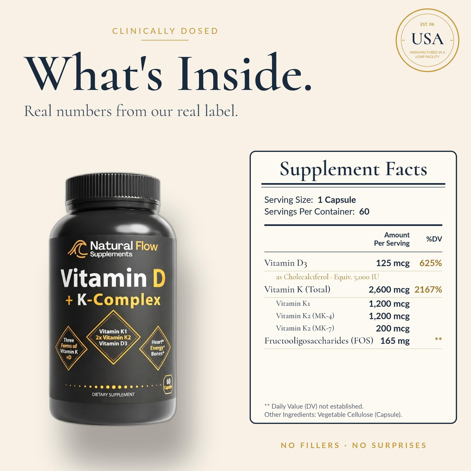 Natural Flow Supplements Vitamin D3 + K2 capsule close-up