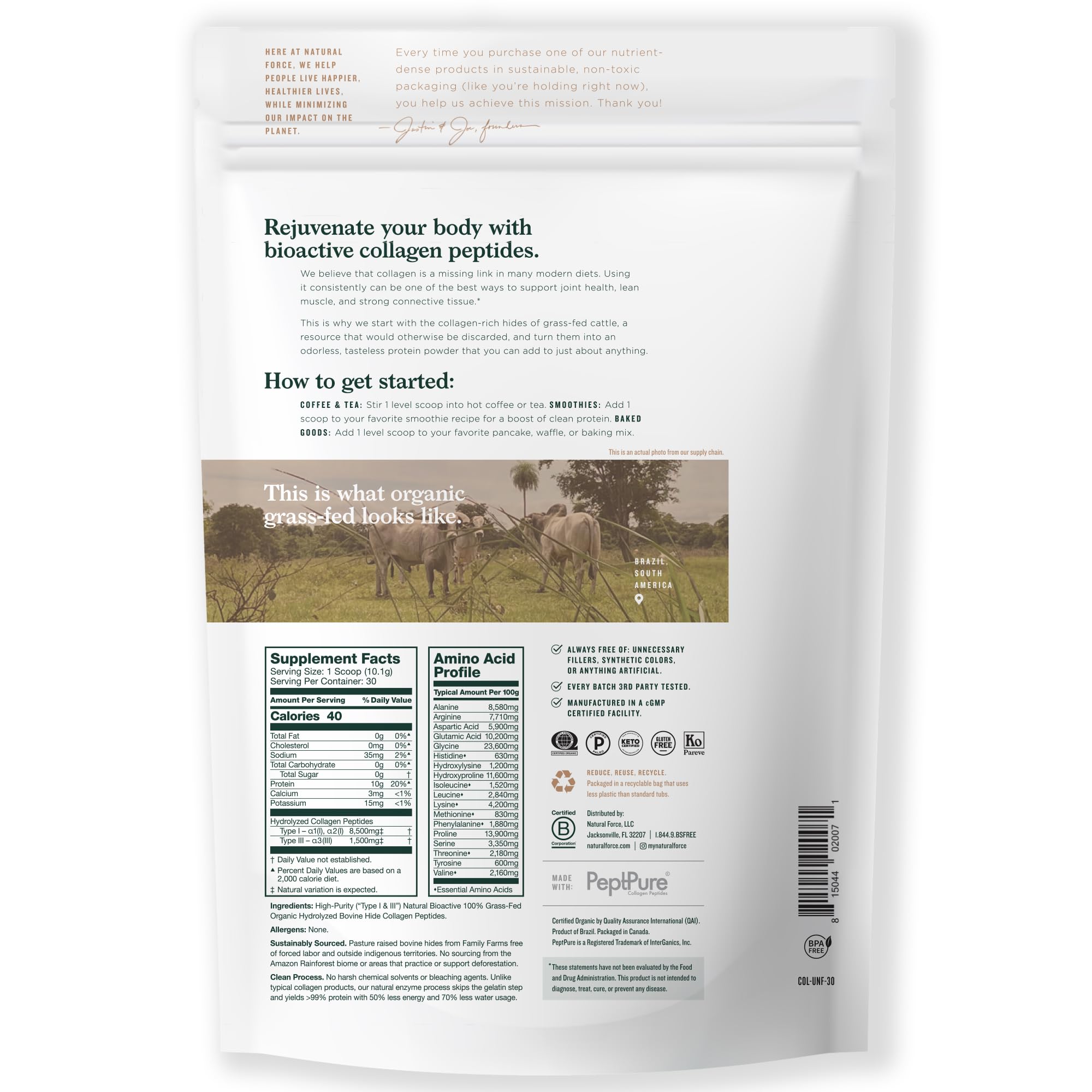 Natural Force Collagen Peptides 333g packaging side view