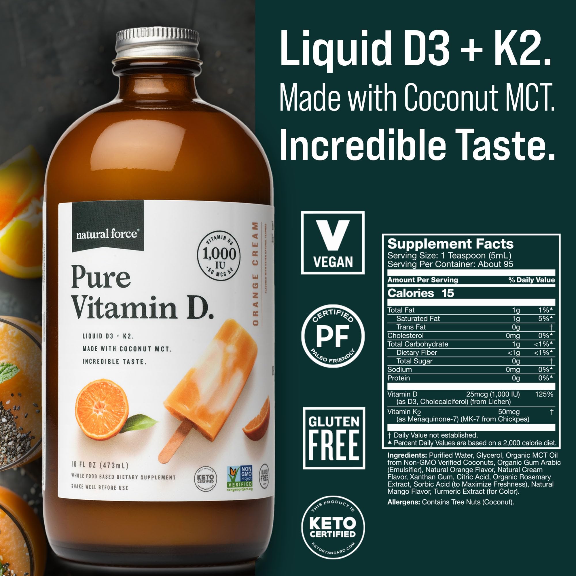 Natural Force Liquid Vitamin D3 + K2 1000 IU 50 MCG bottle with spoon
