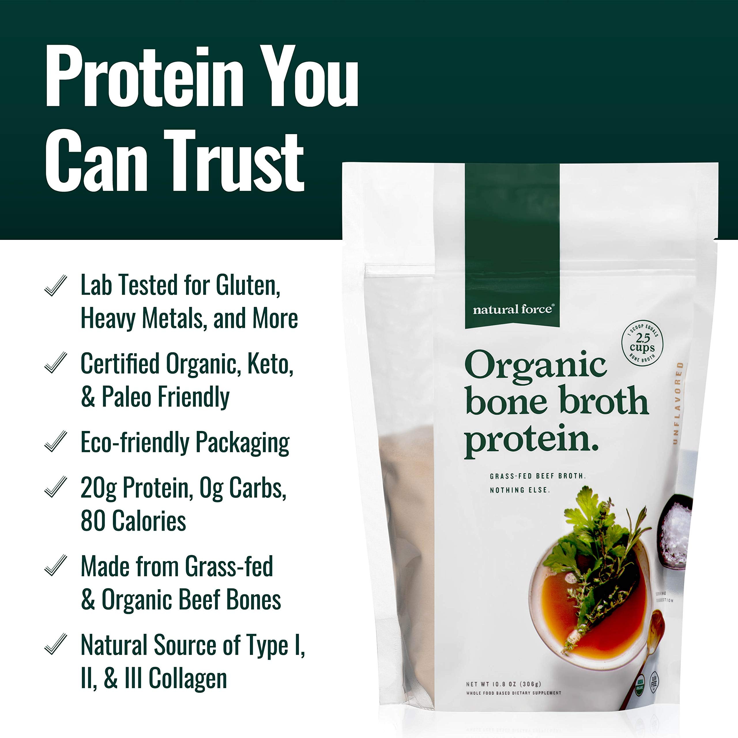 Natural Force Organic Bone Broth Protein Powder 315g scoop