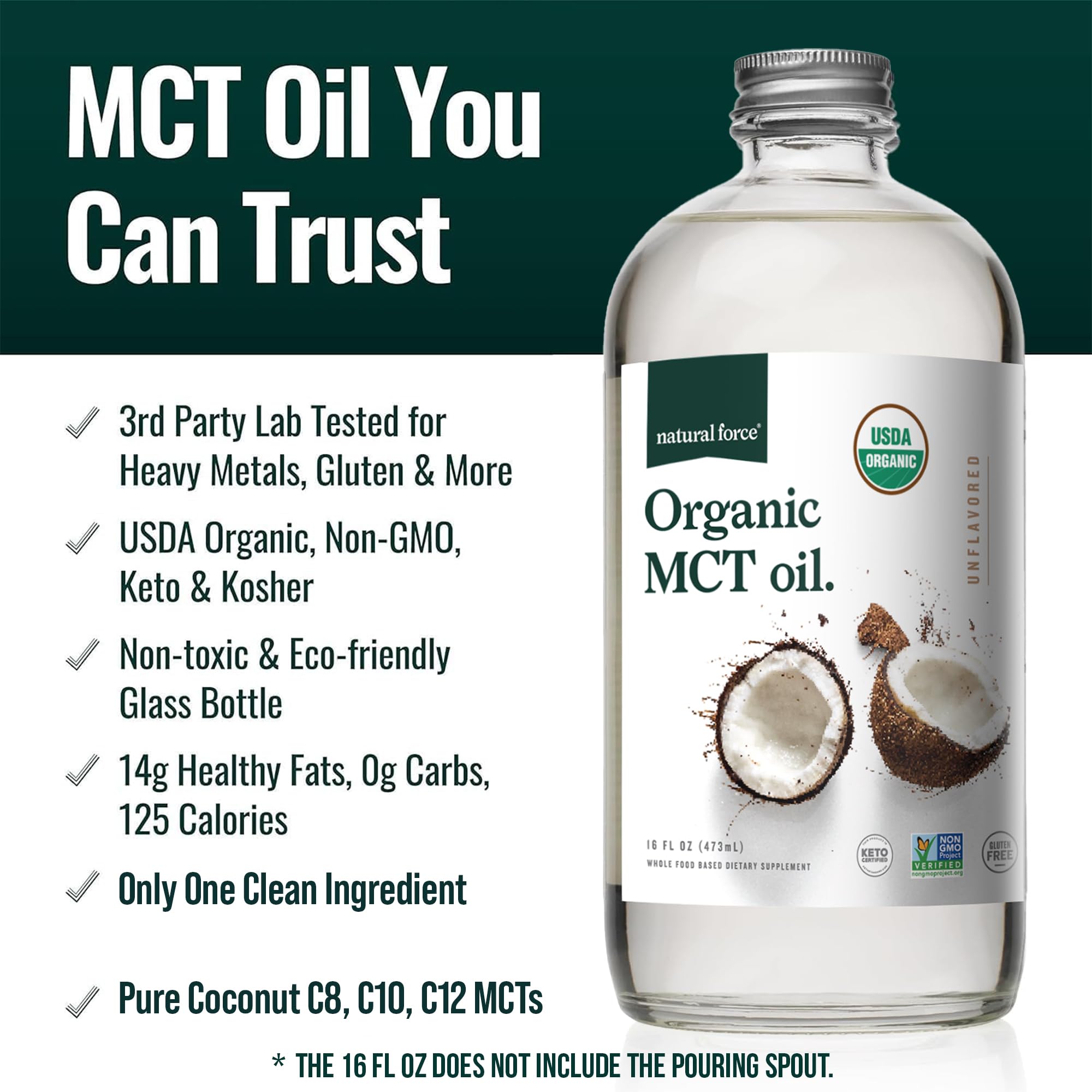Natural Force Organic MCT Oil 454g back view with nutritional information