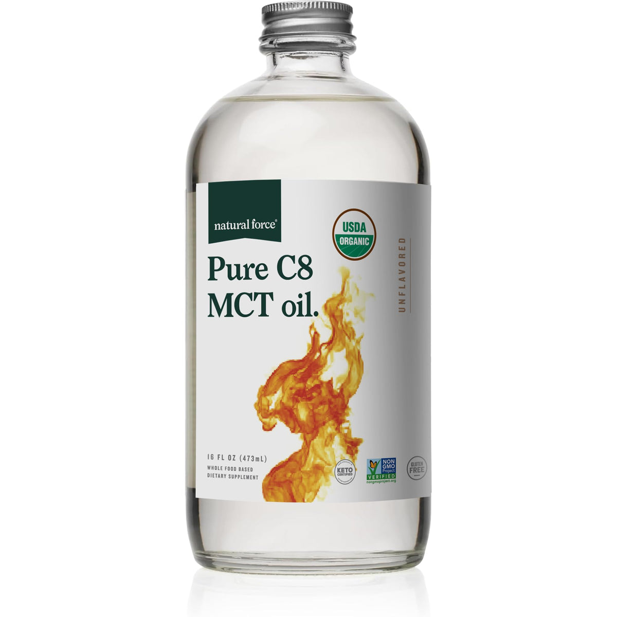 Natural Force Pure C8 MCT Oil 454g front view in glass bottle