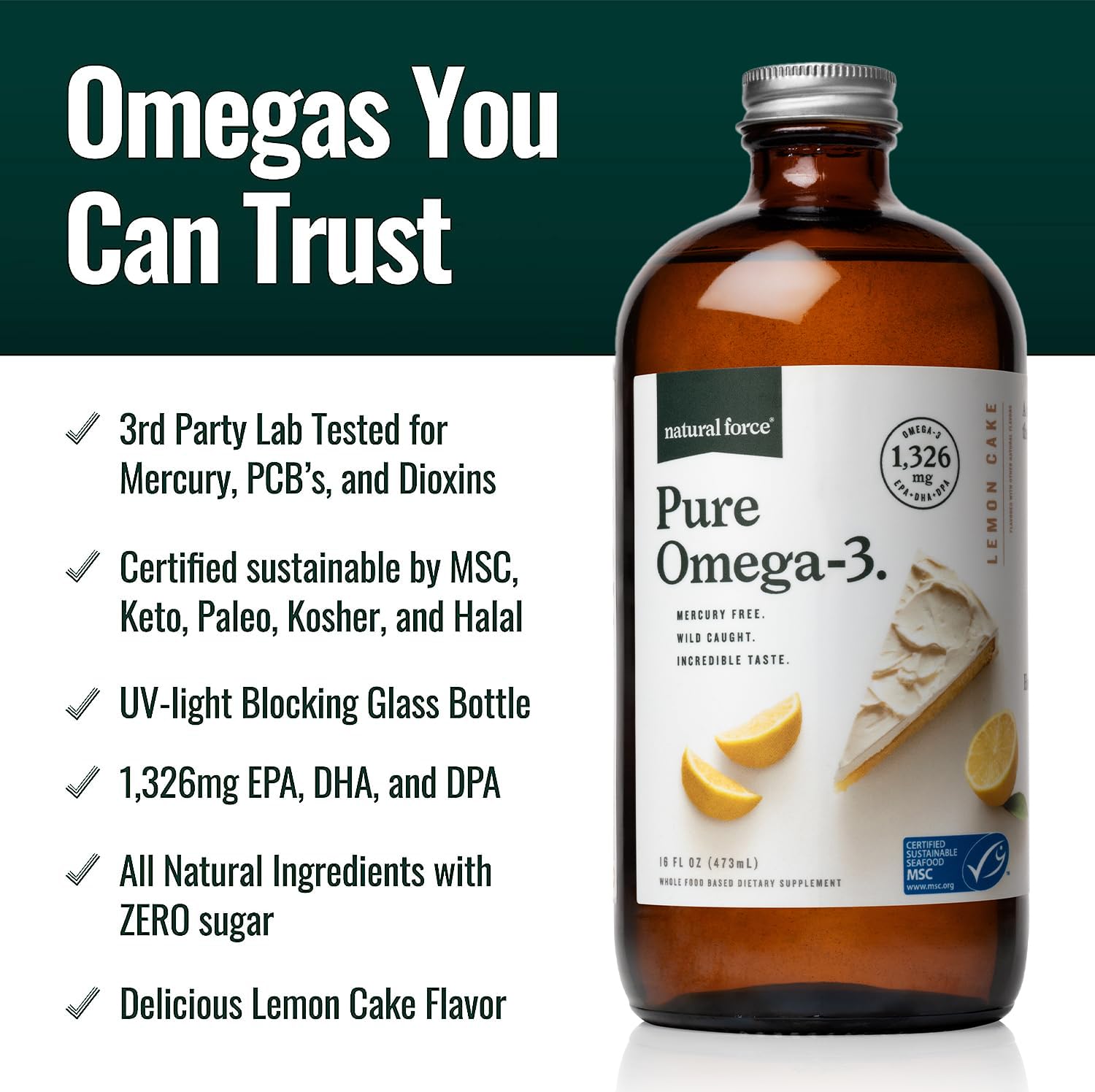 Natural Force Pure Omega-3 Liquid Fish Oil 454g bottle with lemon cake flavour