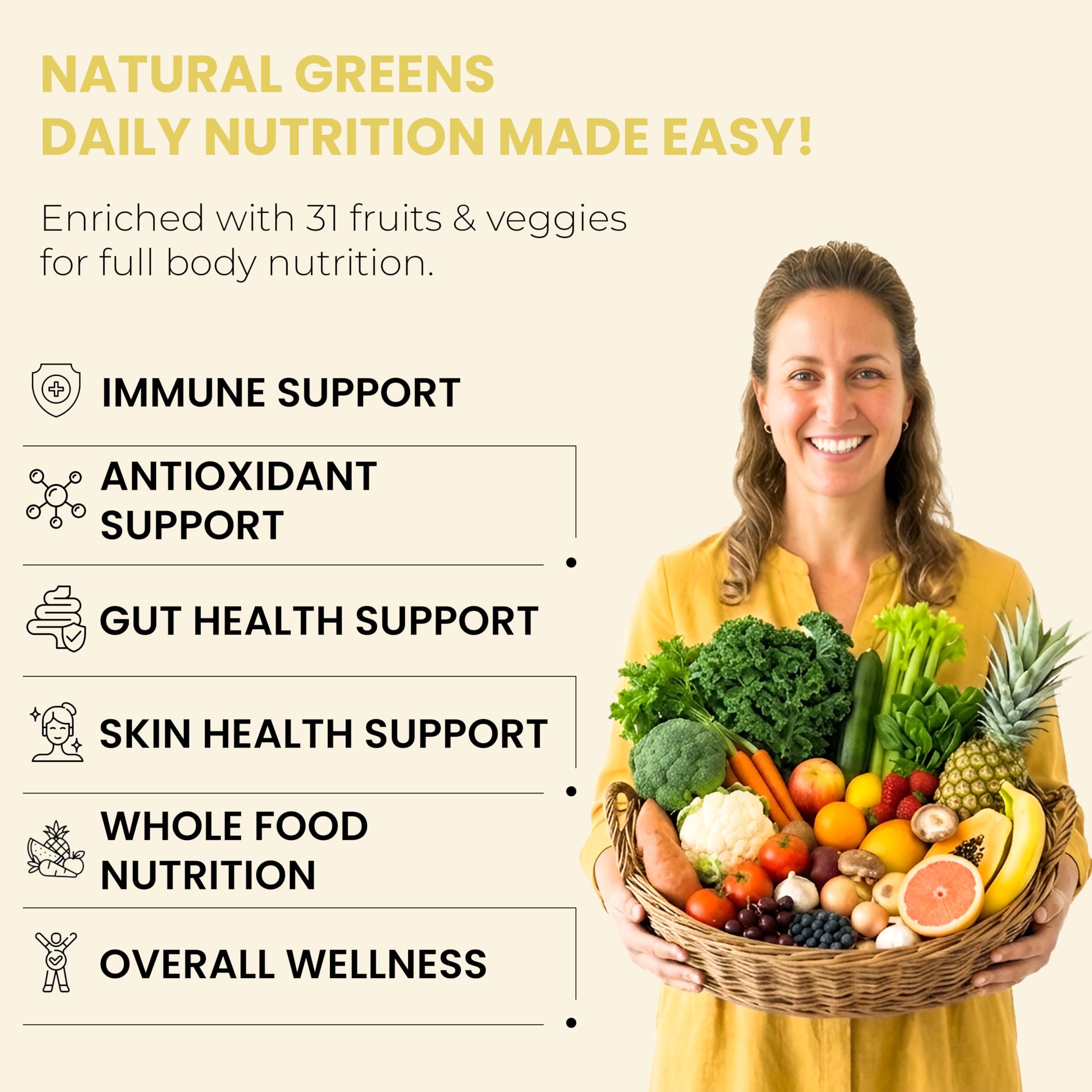 NATURAL GREENS Organic Superfood Capsules on a wooden table