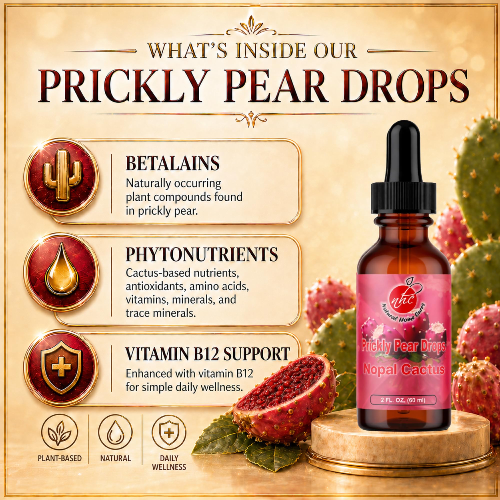 Natural Home Prickly Pear Drops with Vitamin B12 label close-up