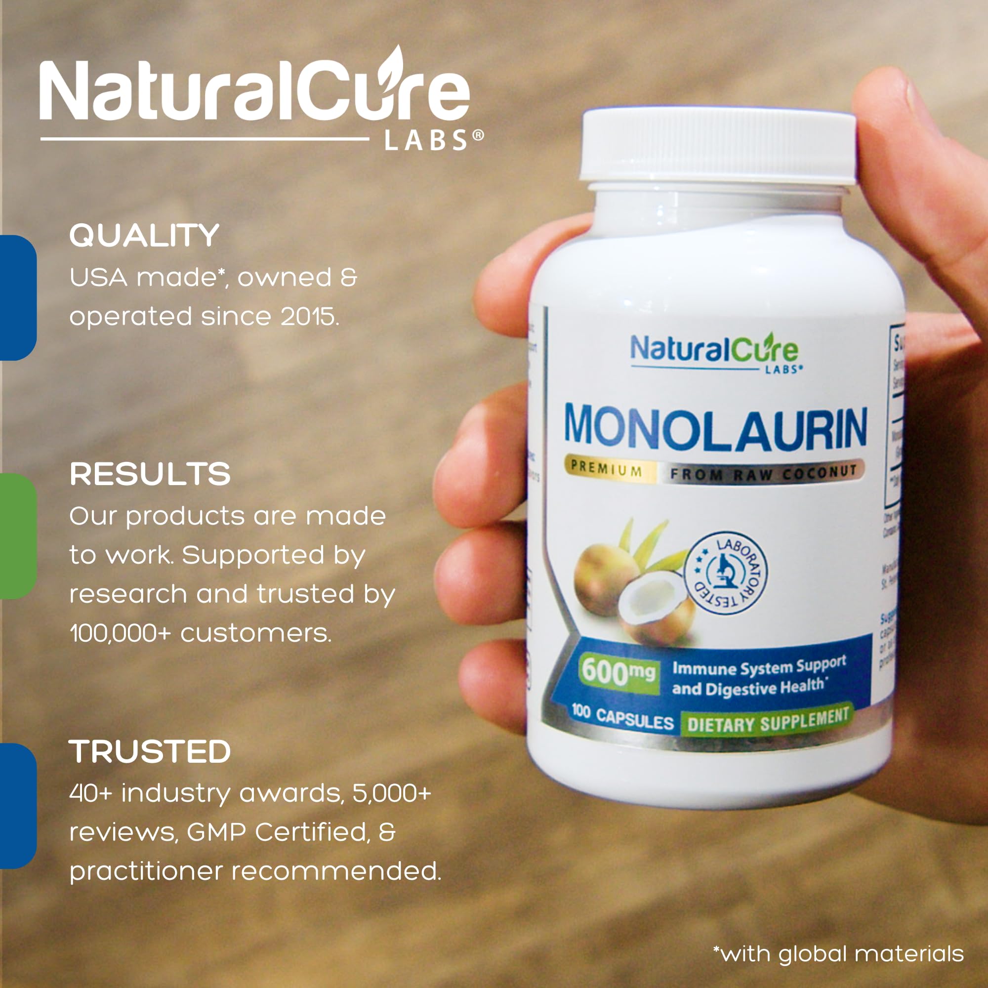 Natural Labs Monolaurin Capsules 600mg bottle side view