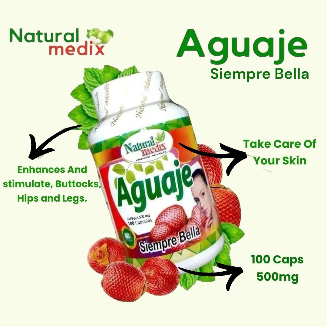 Natural medix Aguaje Capsules 500mg capsules on a wooden surface