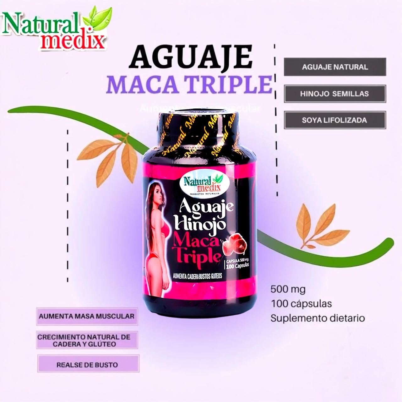 Natural medix Aguaje Hinojo Maca Triple Supplement bottle with label