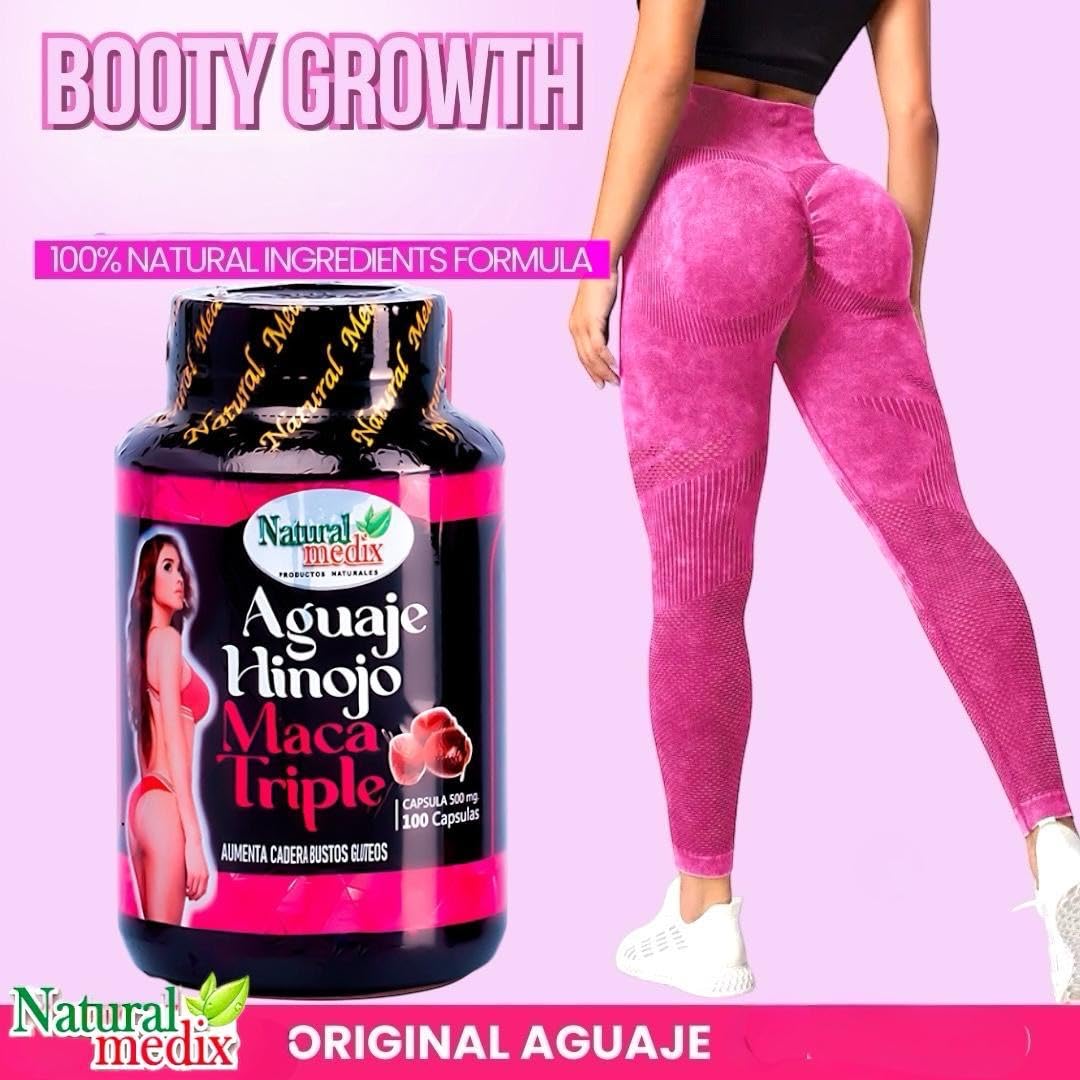 Natural medix Aguaje Hinojo Maca Triple Supplement capsules on a wooden surface