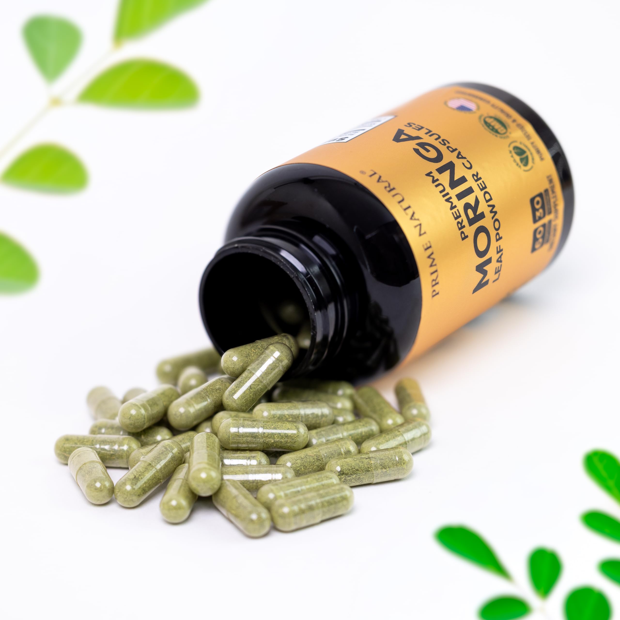 NATURAL Moringa Powder Capsules lifestyle scene on kitchen counter