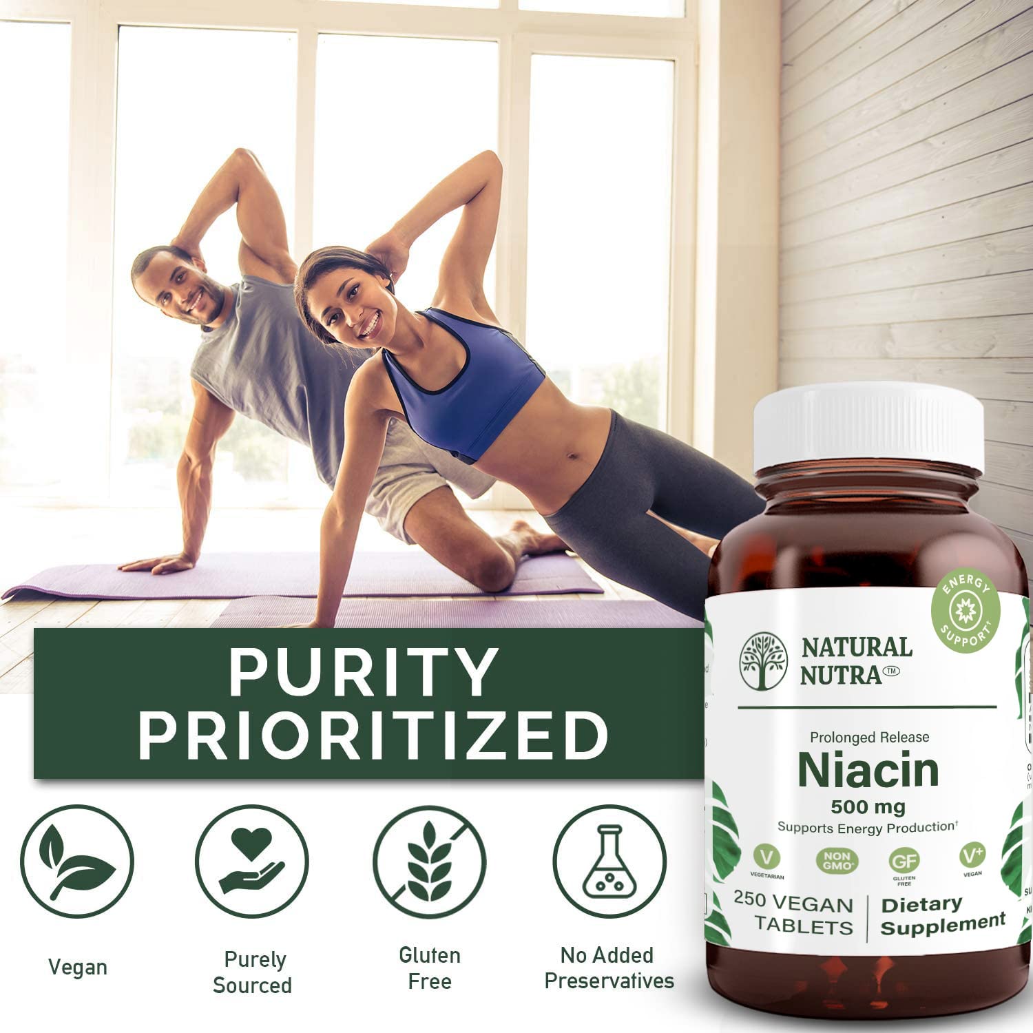 Natural Nutra B3 Niacin 500mg supplement back view with ingredient list