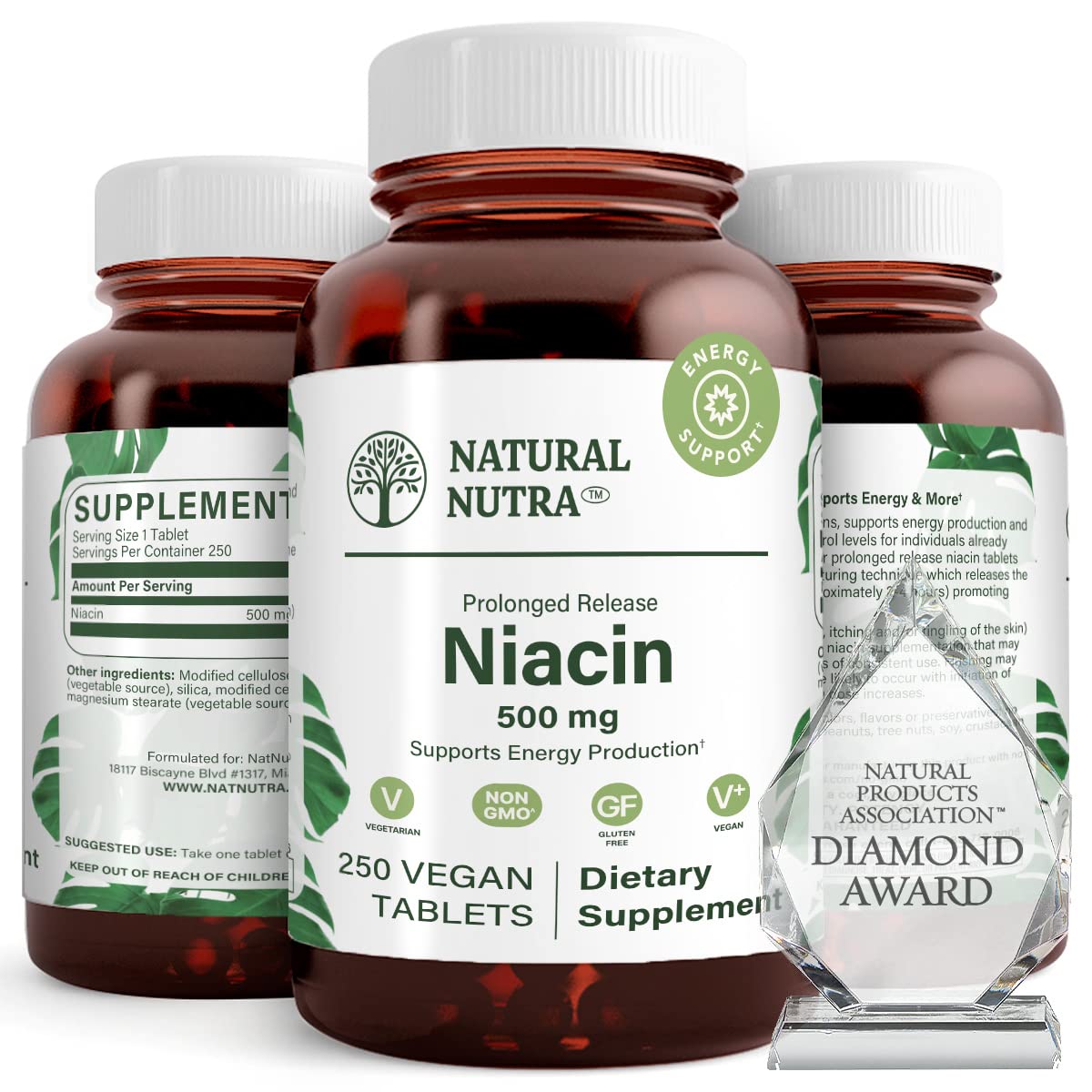 Natural Nutra B3 Niacin 500mg supplement front view with amber glass bottle