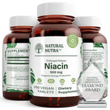 Natural Nutra B3 Niacin 500mg supplement front view with amber glass bottle