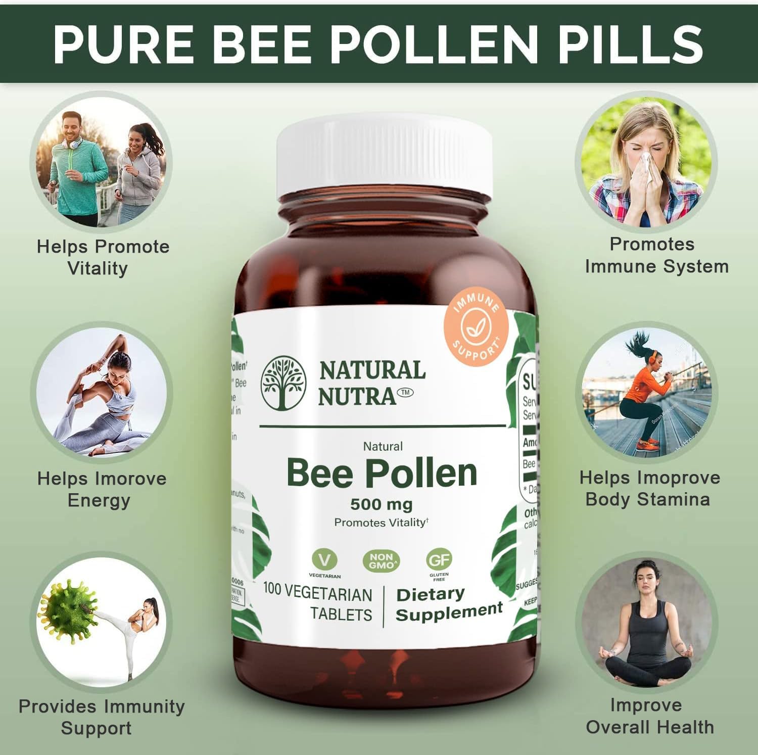 Natural Nutra Bee Pollen Tablets 500mg back view