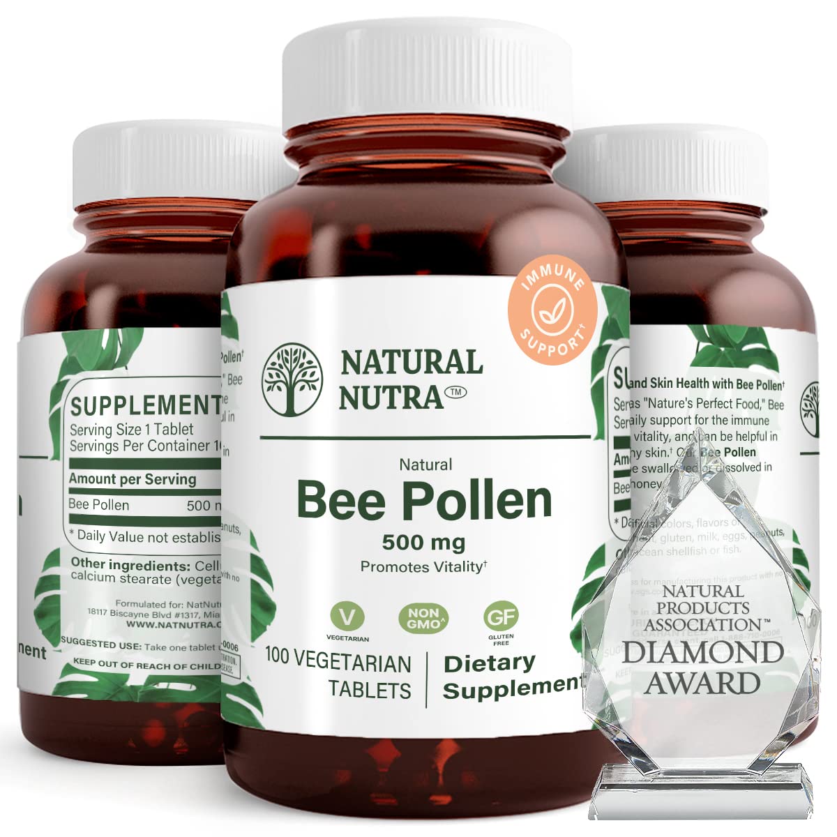 Natural Nutra Bee Pollen Tablets 500mg front view