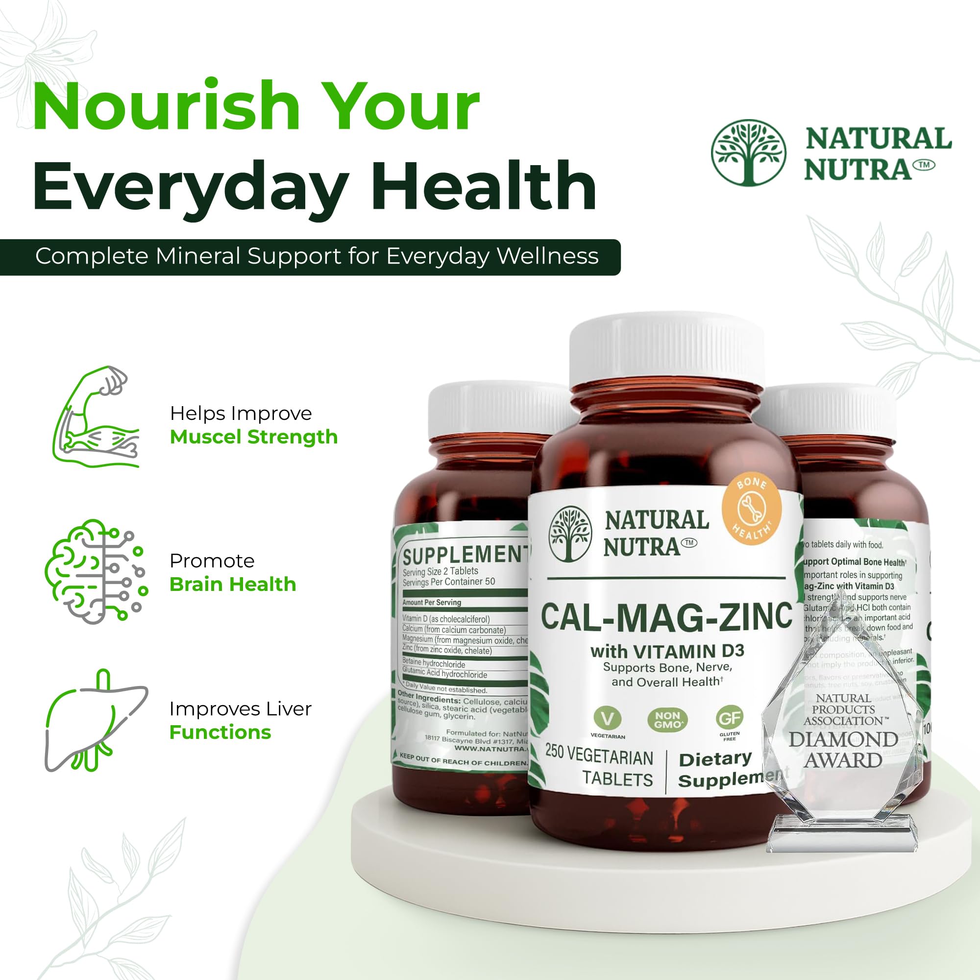 Natural Nutra Calcium Magnesium Zinc Supplement on a kitchen counter