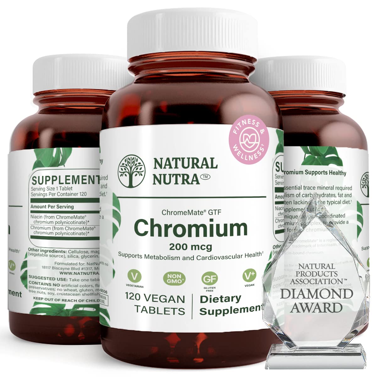 Natural Nutra Chromium Supplement 136g amber glass bottle front view