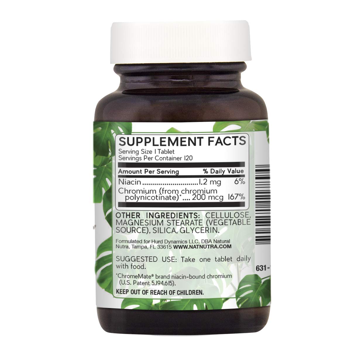 Natural Nutra Chromium Supplement 136g amber glass bottle side view