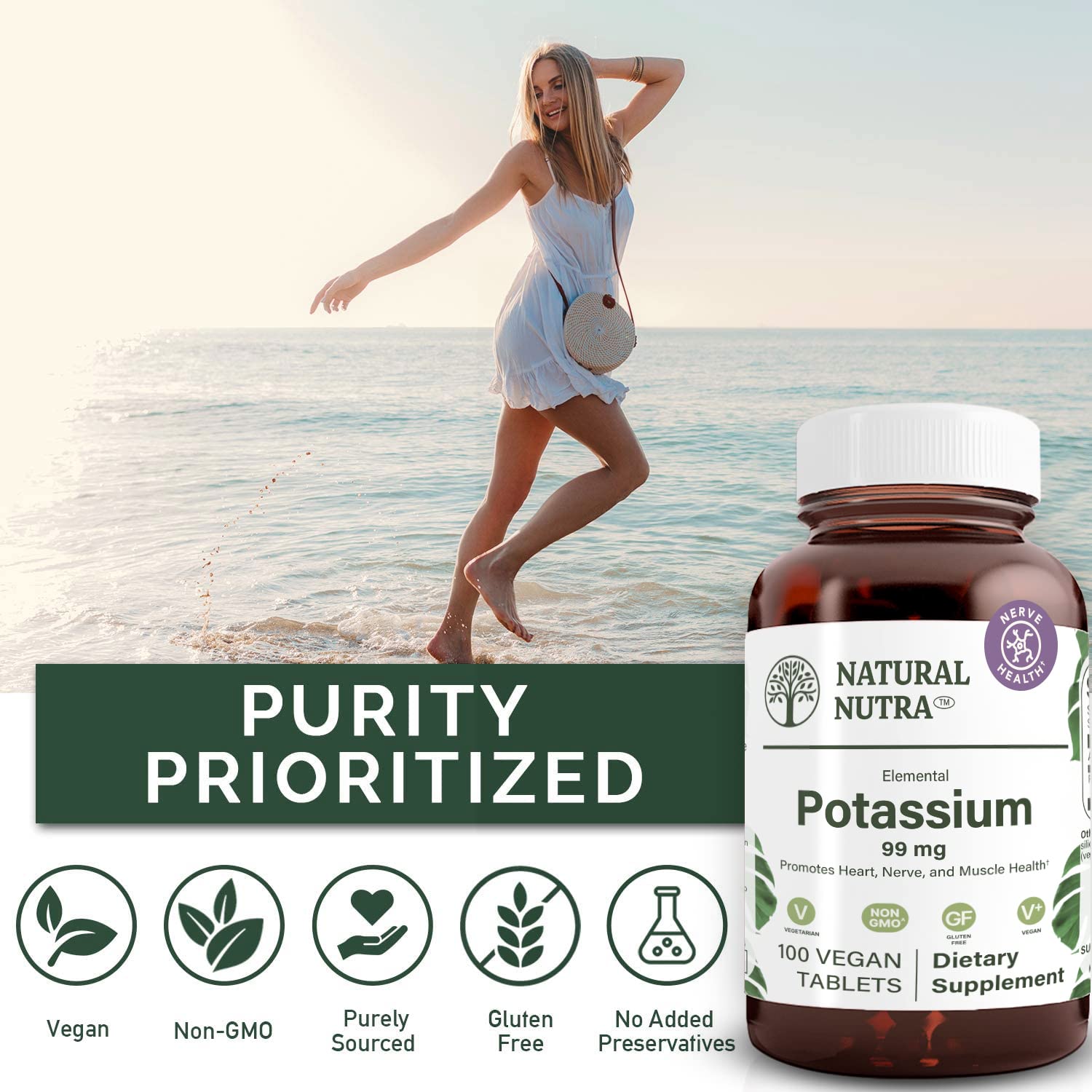 Natural Nutra Potassium Gluconate Supplement bottle with a measuring spoon